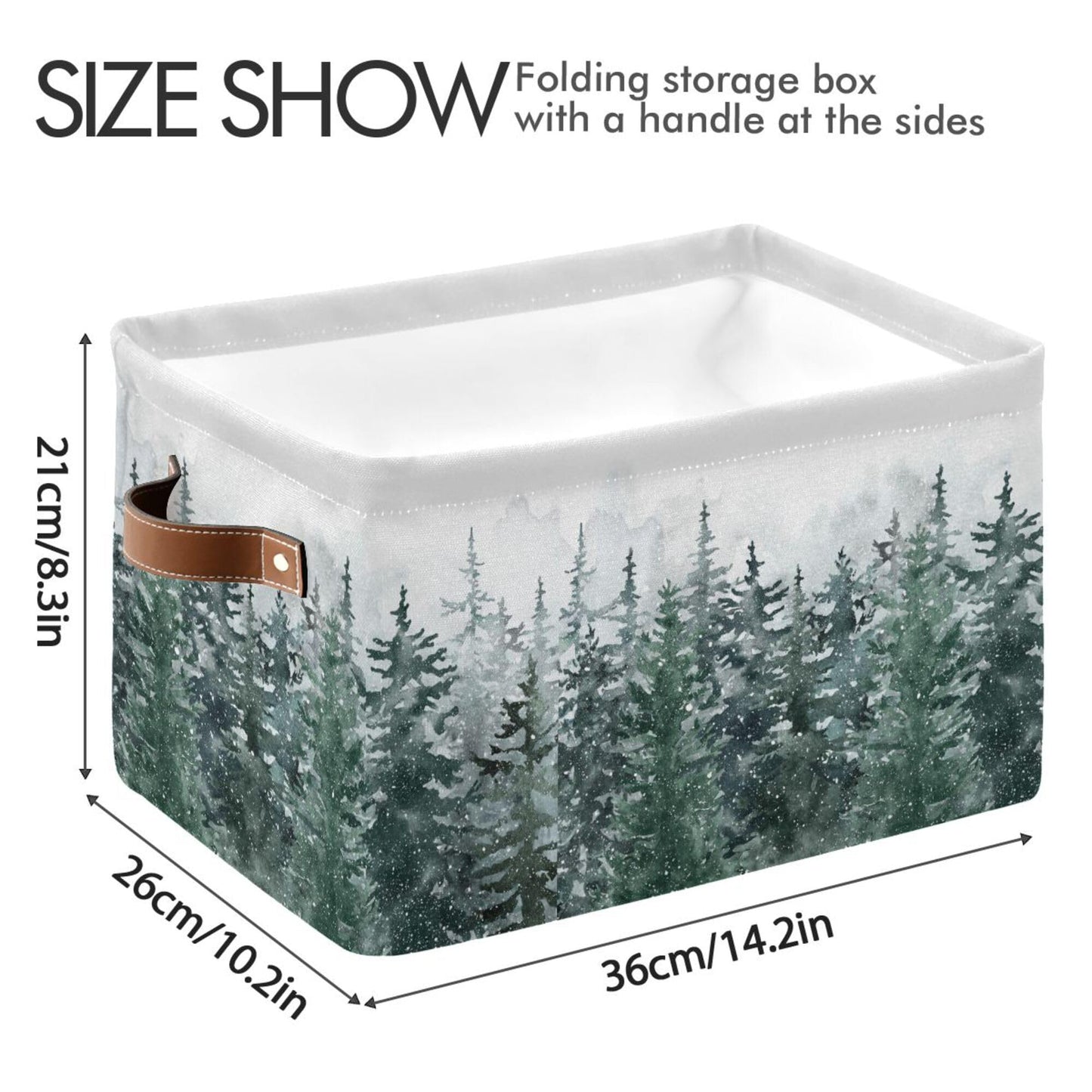Winter Pine Forest Tree Storage Basket with Waterproof Liner and PU Handles Christmas Snow Scene Storage Bins Boxes 14.2" Collapsible Decorative Organizer Baskets for Bedroom Closet Office 1 Pack