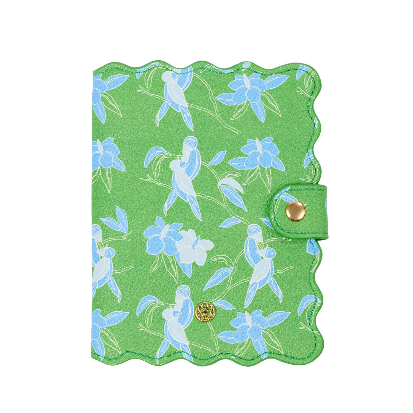 Mary Square Passport Cover - Tiki Tropics Floral Print Scalloped Vegan Leather Travel Wallet with Snap Closure and Card Slots - 4 x 5.5 Passport Holder for Women with Gold Hardware