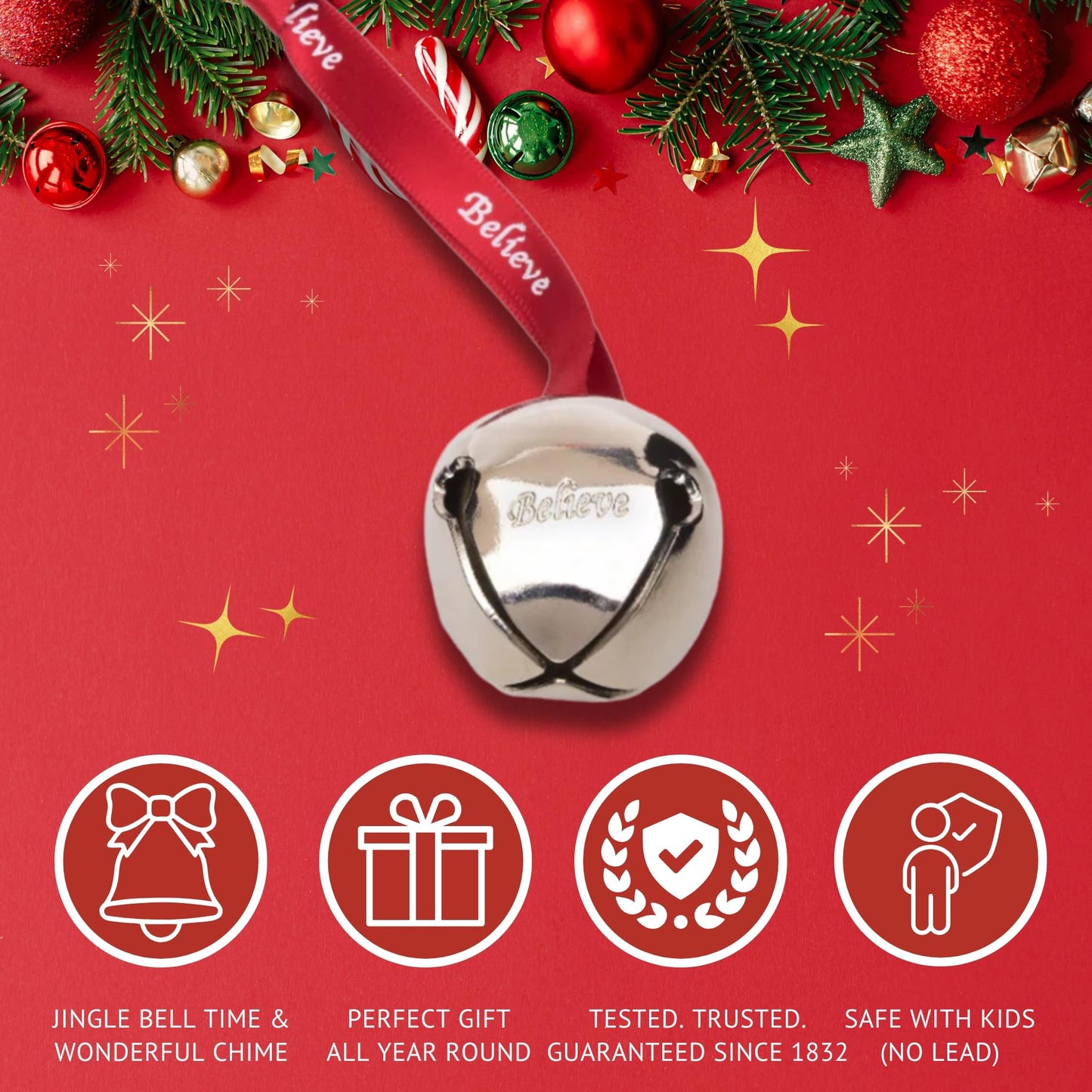 Bevin Bells Believe Sleigh Bells Ornament (3-Pack) | 1.5" Made of Steel | Hanging Bells with a Red Satin Believe Ribbon & Red Velvet Bag | Great Tone | Xmas Gift or Stocking Stuffer | Made in USA