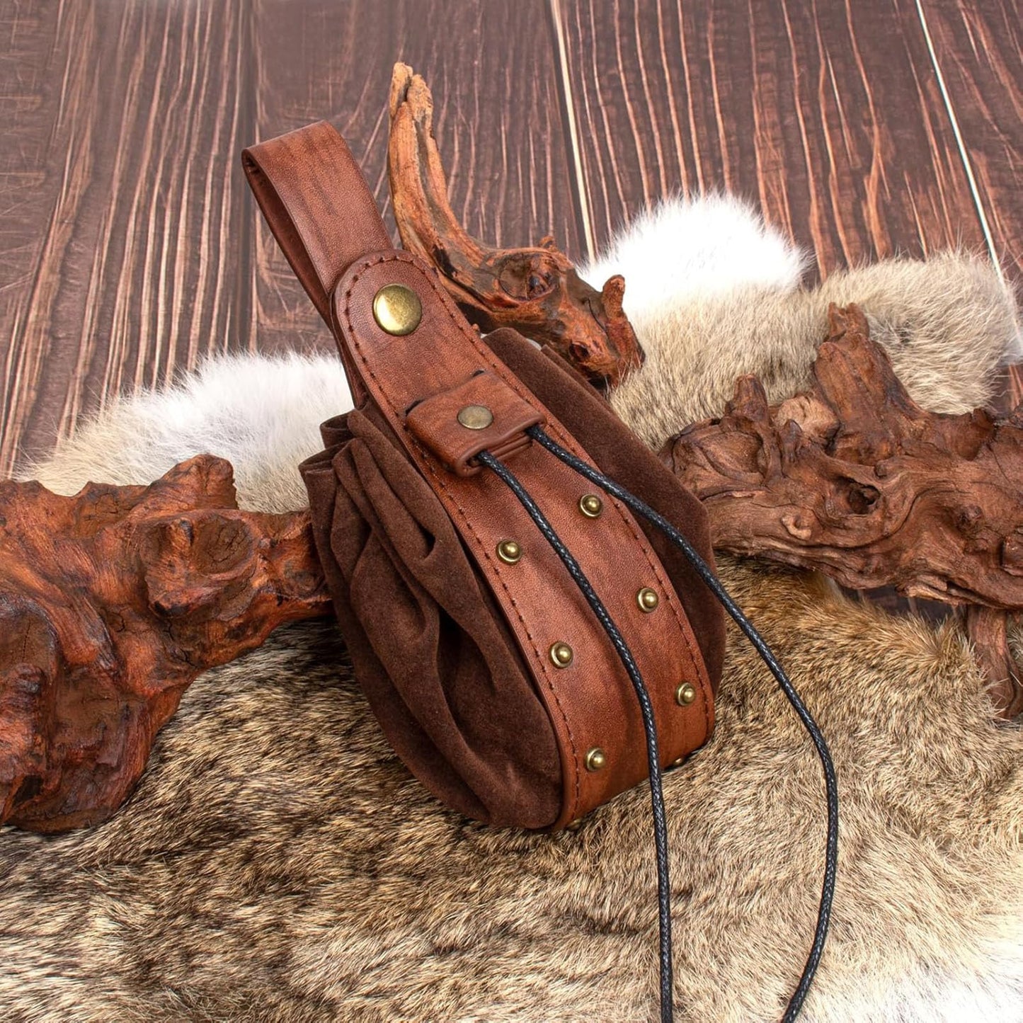 Renaissance Belt Pouch Purse Viking Bracer Hook Halloween Set Medieval Festival Costume Accessory Casual Fanny Pack Waist Bag (Dual-Brown)
