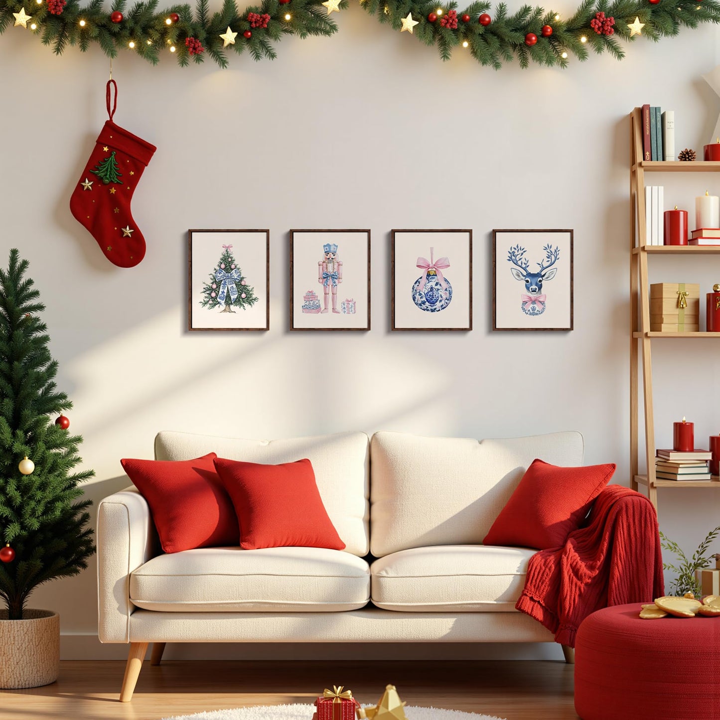 DOFQZ Pink Chinoiserie Christmas Wall Art Prints Set of 4, Grandmillenial Christmas Decor, Preppy Bauble Xmas Tree Nutcracker Reindeer Holiday Posters for Girls Dorm Apartment Decor, 8x10 Unframed