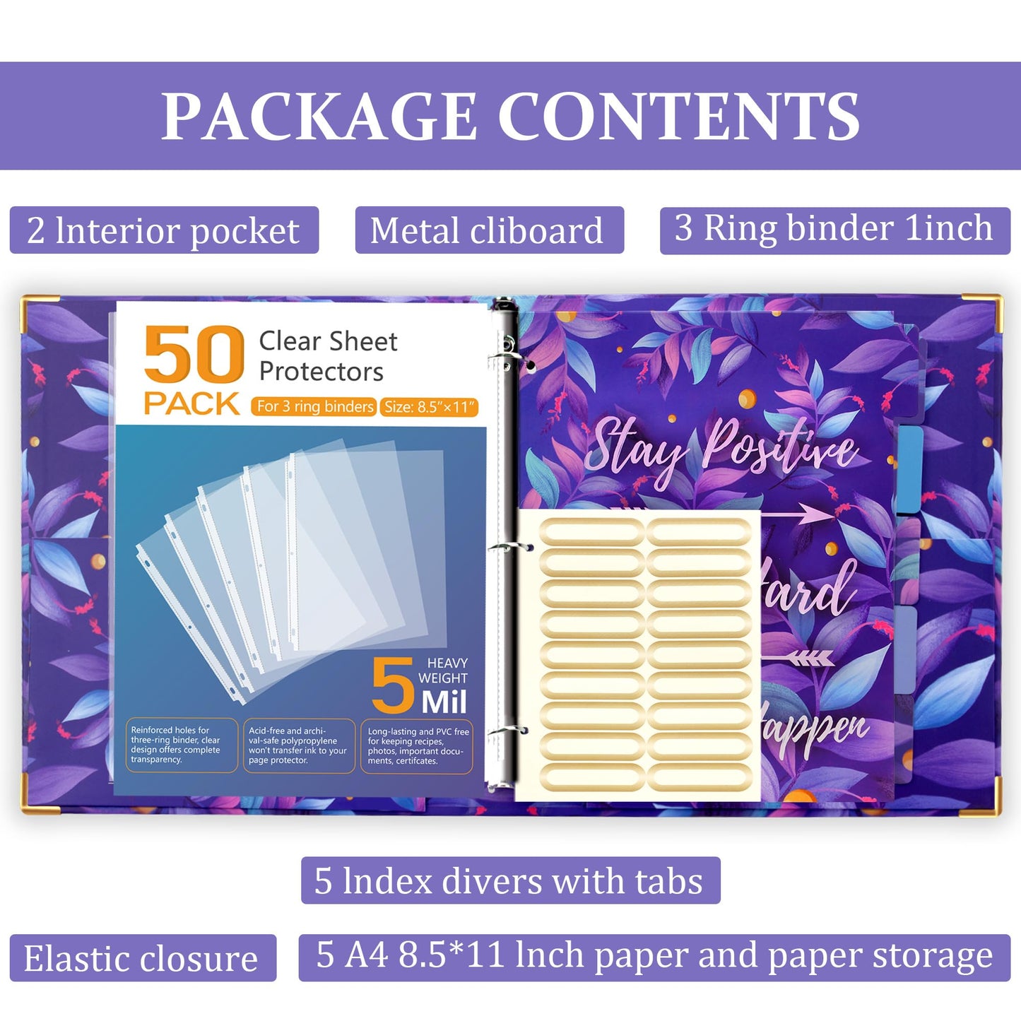 3 Ring Binder with Clipboard with 50 Sheet Protectors 8.5 x 11 inch, 2 Pockets Purple 3 Ring Binder (11" x 8.5") Folders with Tab Dividers for Women School Office Supplies Portfolio (Purple)