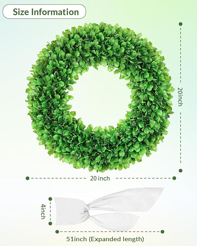 20 inch Artificial Boxwood Wreath for Front Door, Greenery Spring Summer Wreath for All Seasons with Sash，St Patrick's Day Decoration, Farmhouse, Garden, Wedding, Indoor & Outdoor