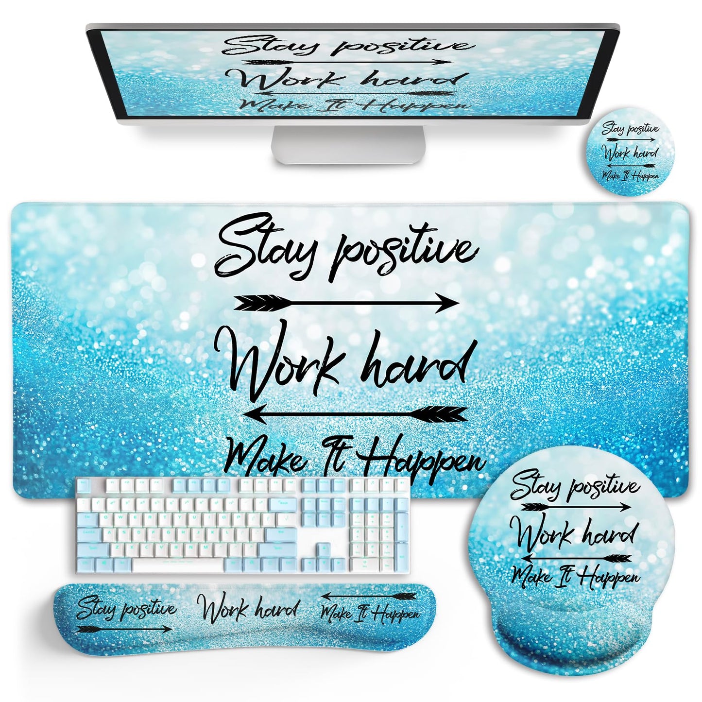 LIMKRIAN Desk Mat Pad, XXL Large Gaming Mouse Pad with Wrist Rest Wrist Support, Ergonomic Mouse Pad, Keyboard Wrist Rest, Coaster, Home Office Desk Accessories Decor Supplies, Stay Positive