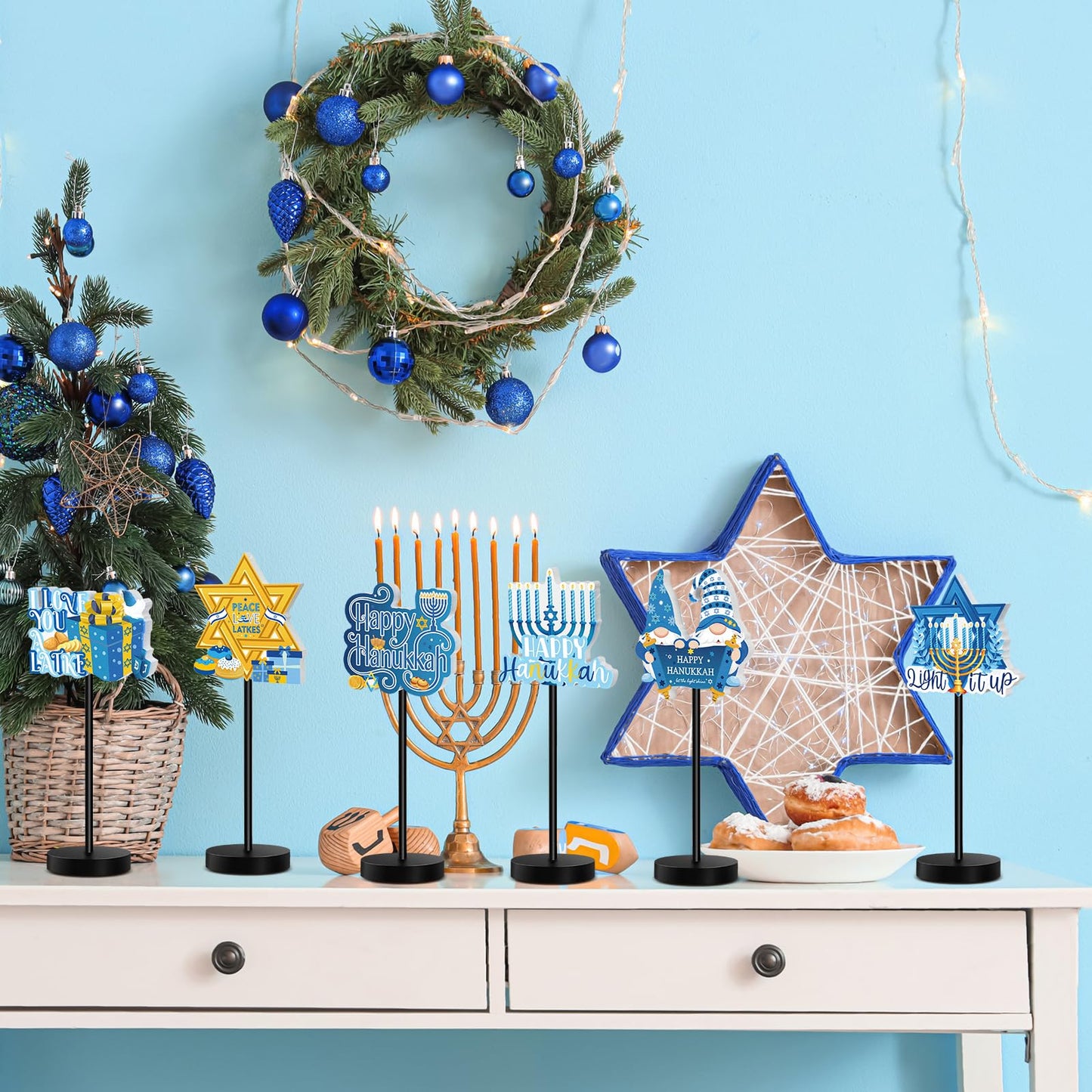 Shellwei 6 Pcs Hanukkah Table Decorations Decor Happy Hanukkah Wood Table Sign Chanukkah Party Decor for Home Indoor Centerpiece Menorah Dreidel Star of David (Fresh Style)