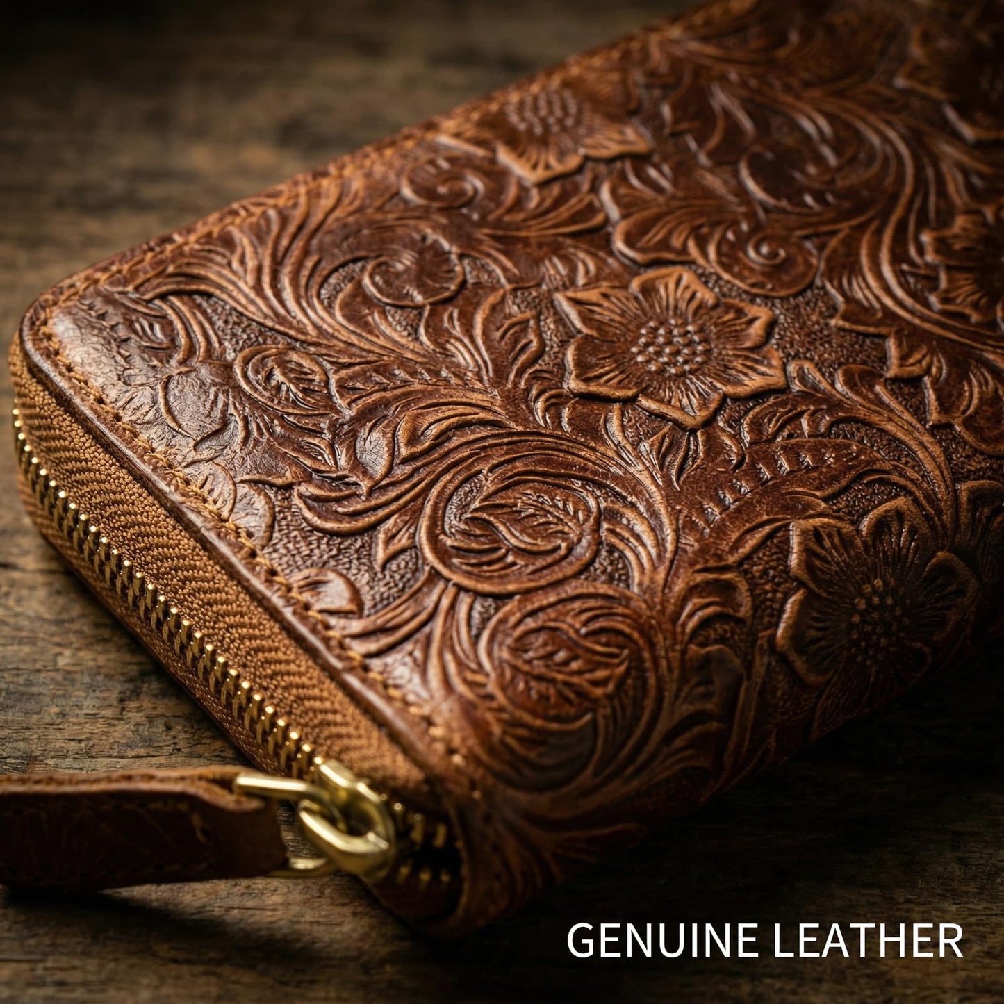 RMAWRAD genuine leather long bi-fold wallet/card holder, unisex, made of embossed buffalo leather, with card slots and a coin purse, brown.