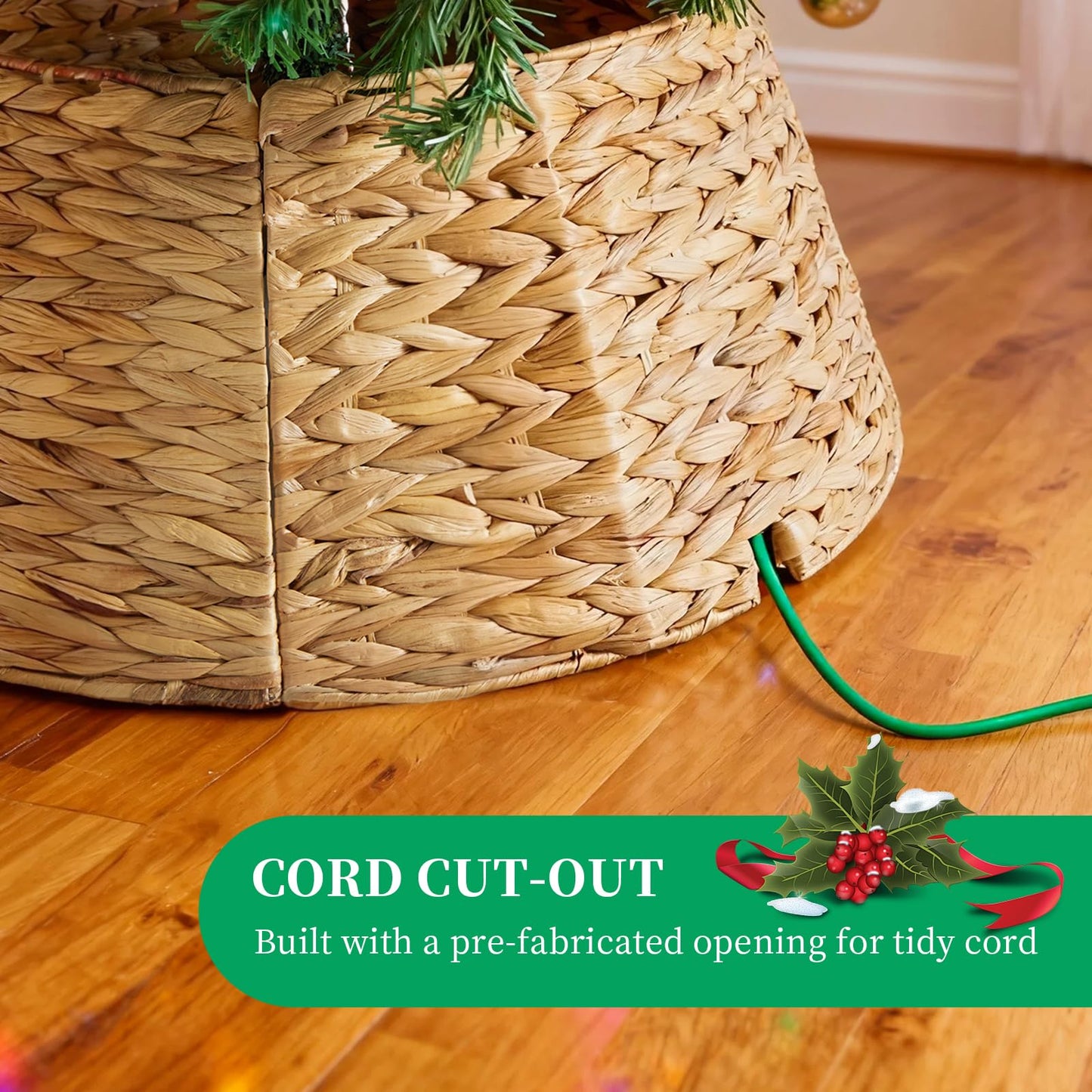 DUMOS 24in Christmas Tree Collar for 4-7ft Trees, Handcrafted Woven Hyacinth Rattan 4-Panel w/Cord Access Hole & Easy Lock Design, Holiday Decor, Natural