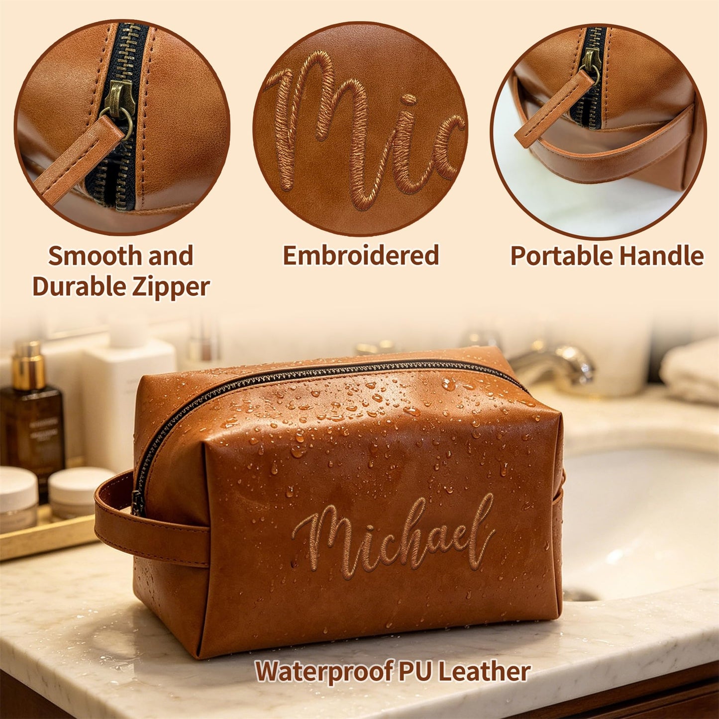 Custom Embroidered Toiletry Bag for Men, Customized Birthday Fathers Day Groomsmen Gift for Dad, Personalized Mens PU Leather Travel Cosmetic Bag with Name for Husband, Shaving Dopp Kit Organizer Bag