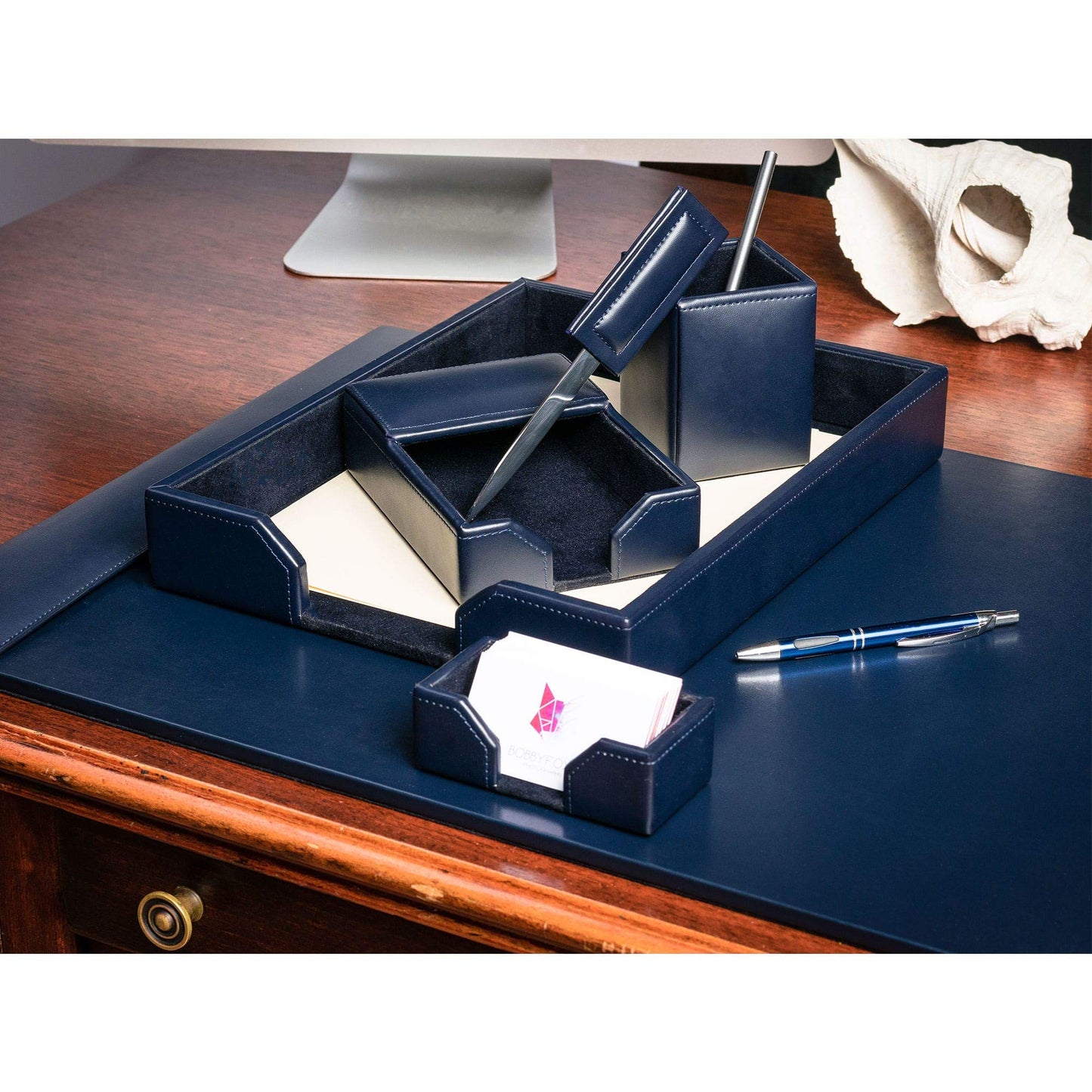DACASSO Bonded Leather Desk Set - Luxury Leather Desk Pad & Desk Organization Essentials (Navy Blue, 6 Piece)