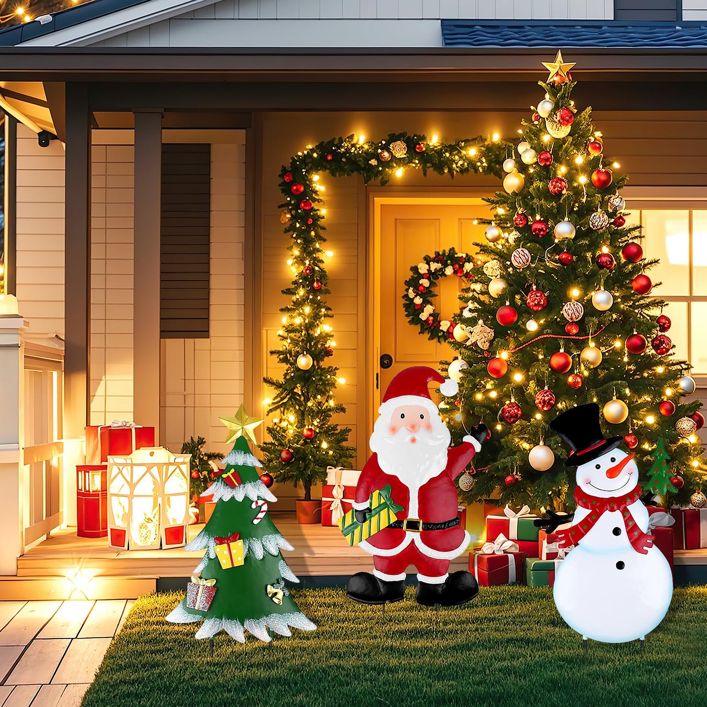 DETENE 3 Pcs Christmas Decorative Metal Stakes Outdoor Christmas Decor Metal Xmas Snowman Santa Claus Tree Yard Decorations for Garden Lawn Yard Signs