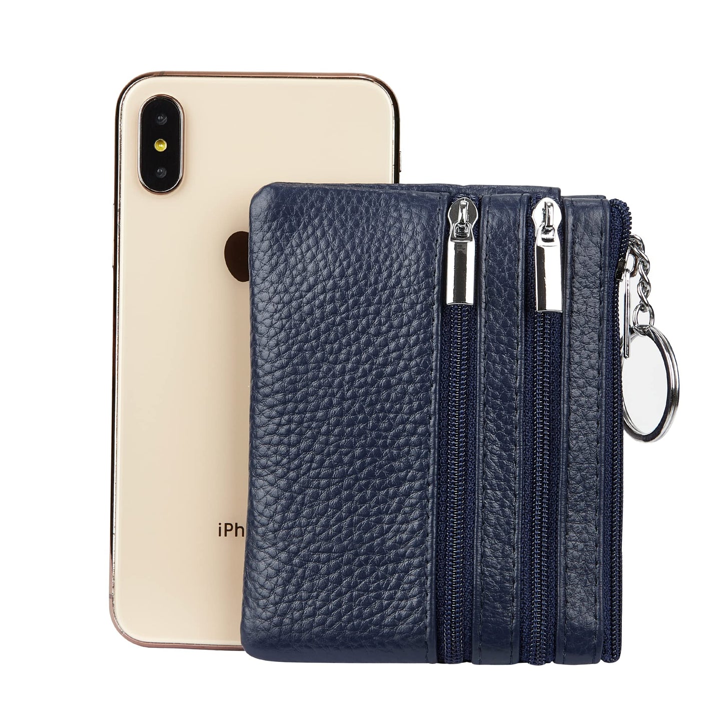 Women's Genuine Leather Coin Purse Mini Pouch Change Wallet with Keychain, navyblue