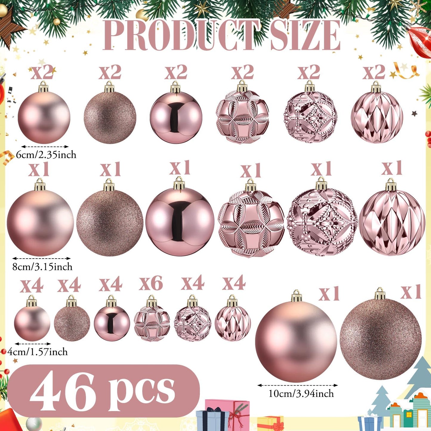 Soulchen 46 Pcs Rose Gold Christmas Balls Ornaments Set, 3.94/3.15/2.36/1.57 Inch Shatterproof Christmas Tree Hanging Plastic Balls Xmas Ornaments Decor for Xmas Tree Wreath Party Decoration Supplie