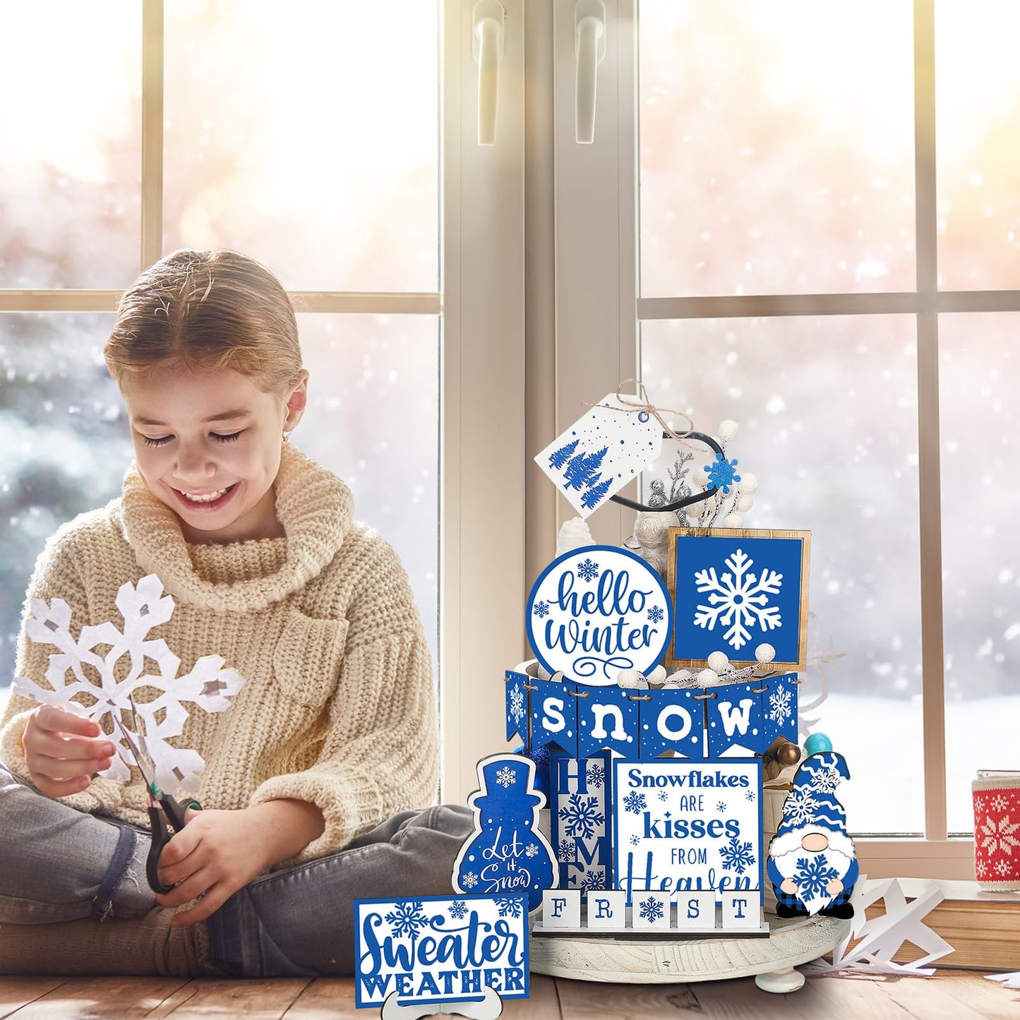 FairySandy Winter Tiered Tray Decor Set Hello Winter Snowman Wooden Signs Snowflake Decorations Rustic Farmhouse Blocks Sign for Home Table Harvest Holiday