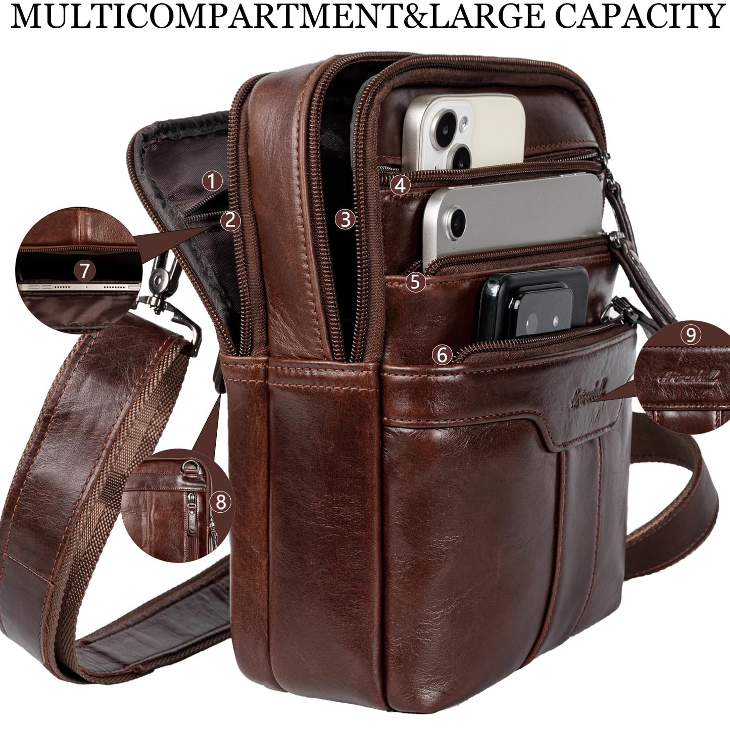 Ariscobull Leather Messenger Bag for Men, Small Leather Sling Shoulder Bag Messenger Pack for Men, Man Purse (Brown)