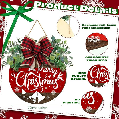 Boao Christmas Door Decorations Wooden Merry Christmas Welcome Front Door Sign Hanger with Red Buffalo Plaid Bow Xmas Wreaths for Outdoor Porch Farmhouse Decor