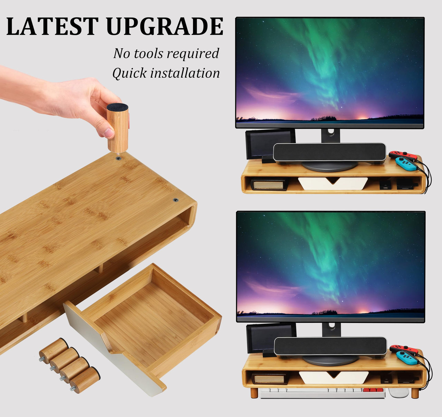 Homerays Monitor Stand with Drawer, Exquisite Computer Monitor Stand for Desk, Ergonomic Wood Monitor Stand Riser for Computer,Laptop,Printer,TV,Bamboo,White