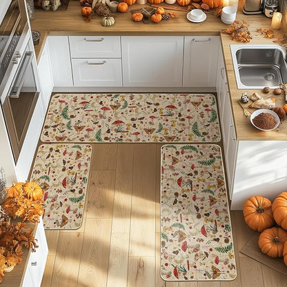 Artoid Mode Mushrooms Butterfly Spring Kitchen Mats Set of 3, Home Decor Low-Profile Kitchen Rugs for Floor - 24"x35"+24"x59"+24"x72"