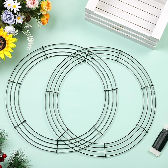 Fovths 24 Pack Christmas Wire Wreath Ring 14 Inches Metal Wire Wreath Frame with Floral Wires Green DIY Floral Crafts for Xmas Halloween New Year Holiday Valentines Day Decor