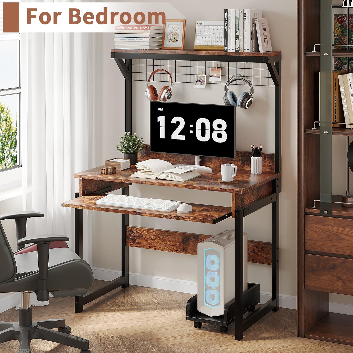 ALISENED 31.5" Small Computer Desk with Hutch, Office Desk Study Table Writing Desk Workstation PC Table for Home Office, Space Saving Design
