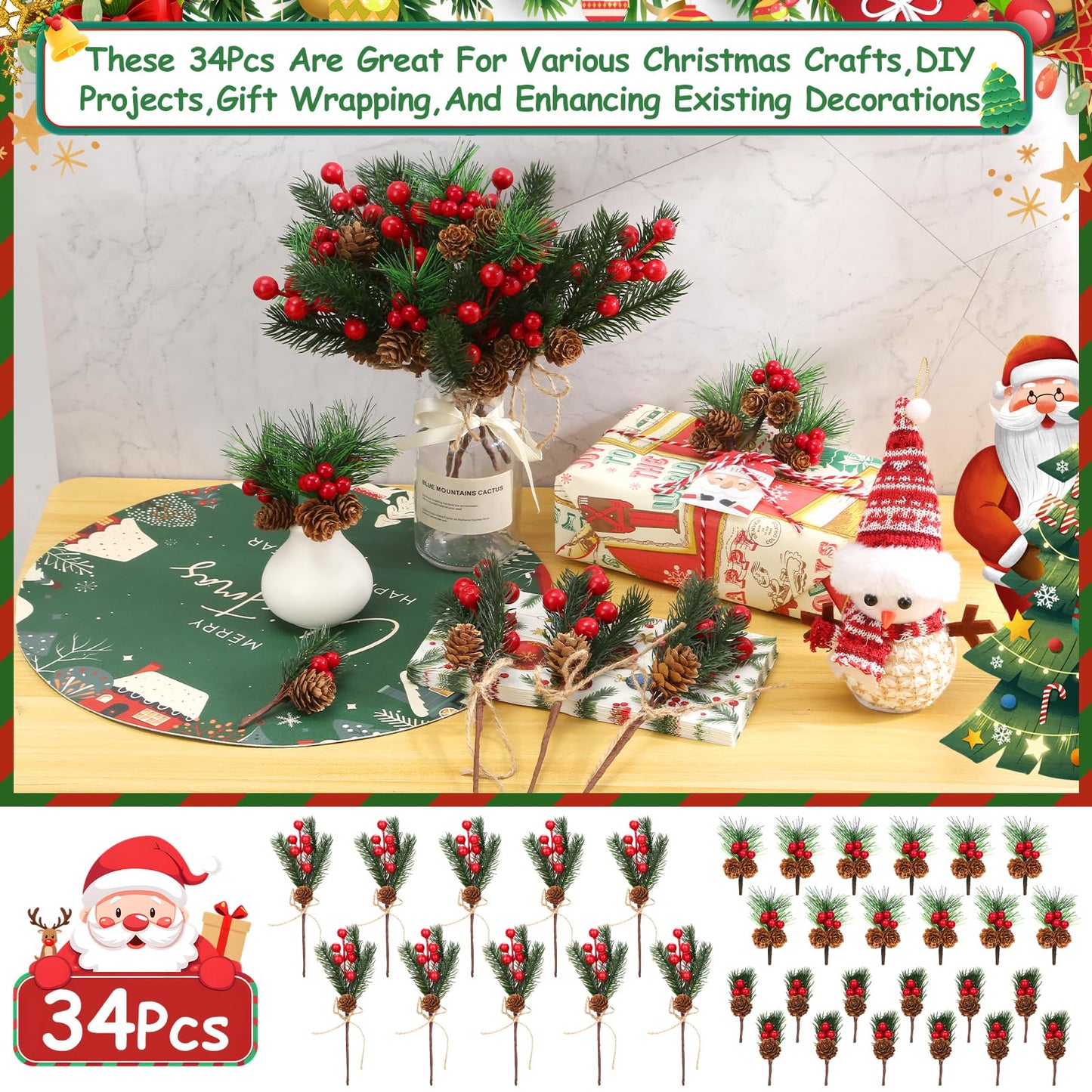 34Pcs Artificial Christmas Floral Picks, Red Berry Picks with Pinecones and Pine Branches, Fake Berries Pine Cone Berry Stems Set for Wreath, Garland, Vase, Tree, Holiday Home Winter Decorations