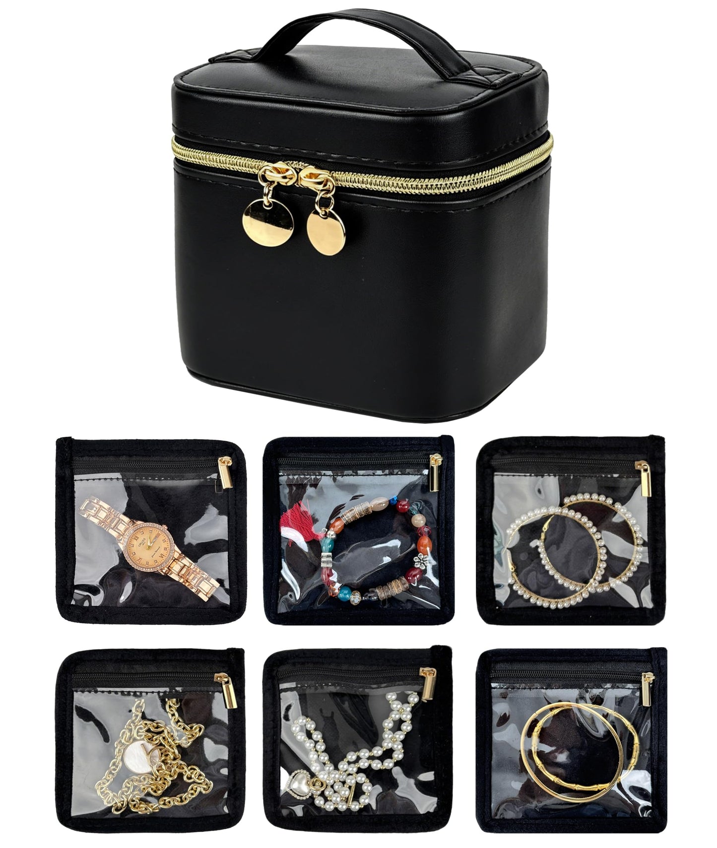 LingLingo Travel Jewelry Organizer, PU Leather Small Hard-shell Jewelry Box with 6 Velvet Pouches for Earrings Rings Necklace Bracelet Watch, Compact Jewelry Travel Case for Women Gift