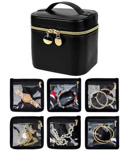 LingLingo Travel Jewelry Organizer, PU Leather Small Hard-shell Jewelry Box with 6 Velvet Pouches for Earrings Rings Necklace Bracelet Watch, Compact Jewelry Travel Case for Women Gift