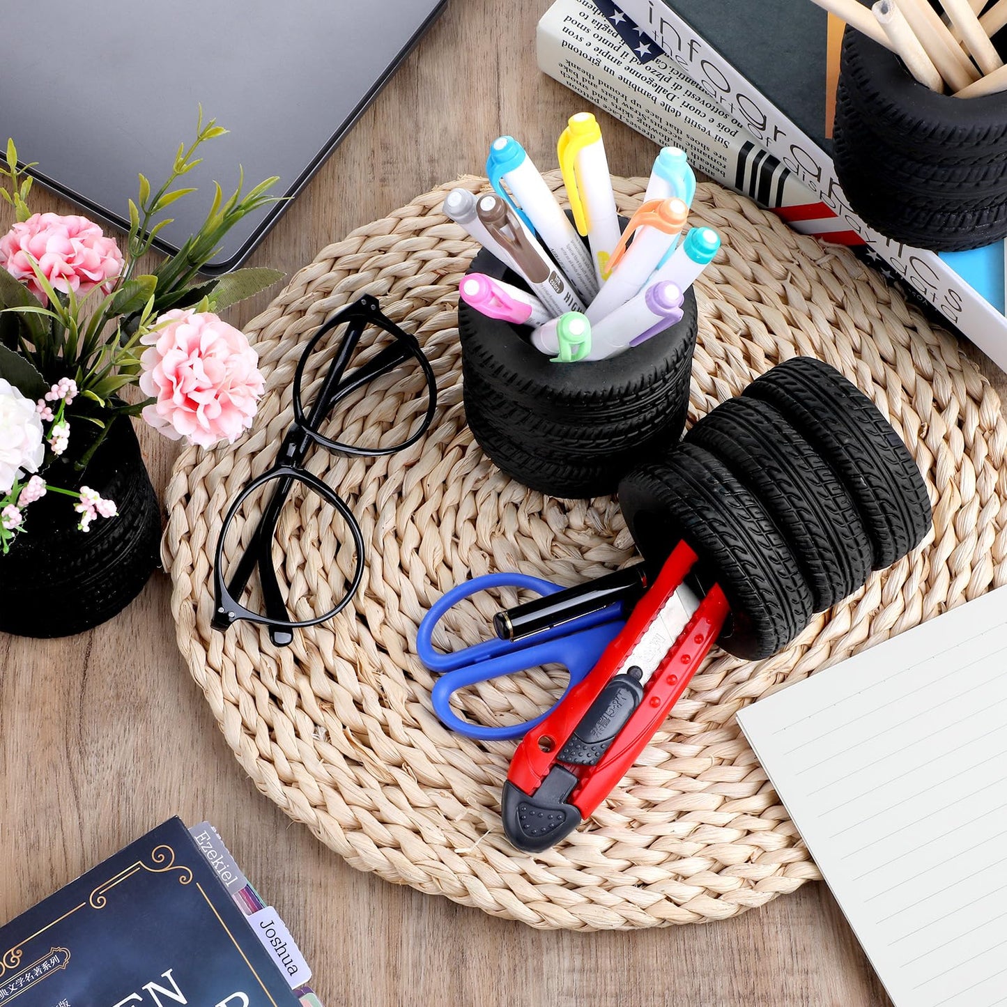 4 PCS Tire Shape Pencil Holder, Car Tire Pencil Holder, Black Pen Holder, Suitable for Classroom, School, Office, Study Room (Black)