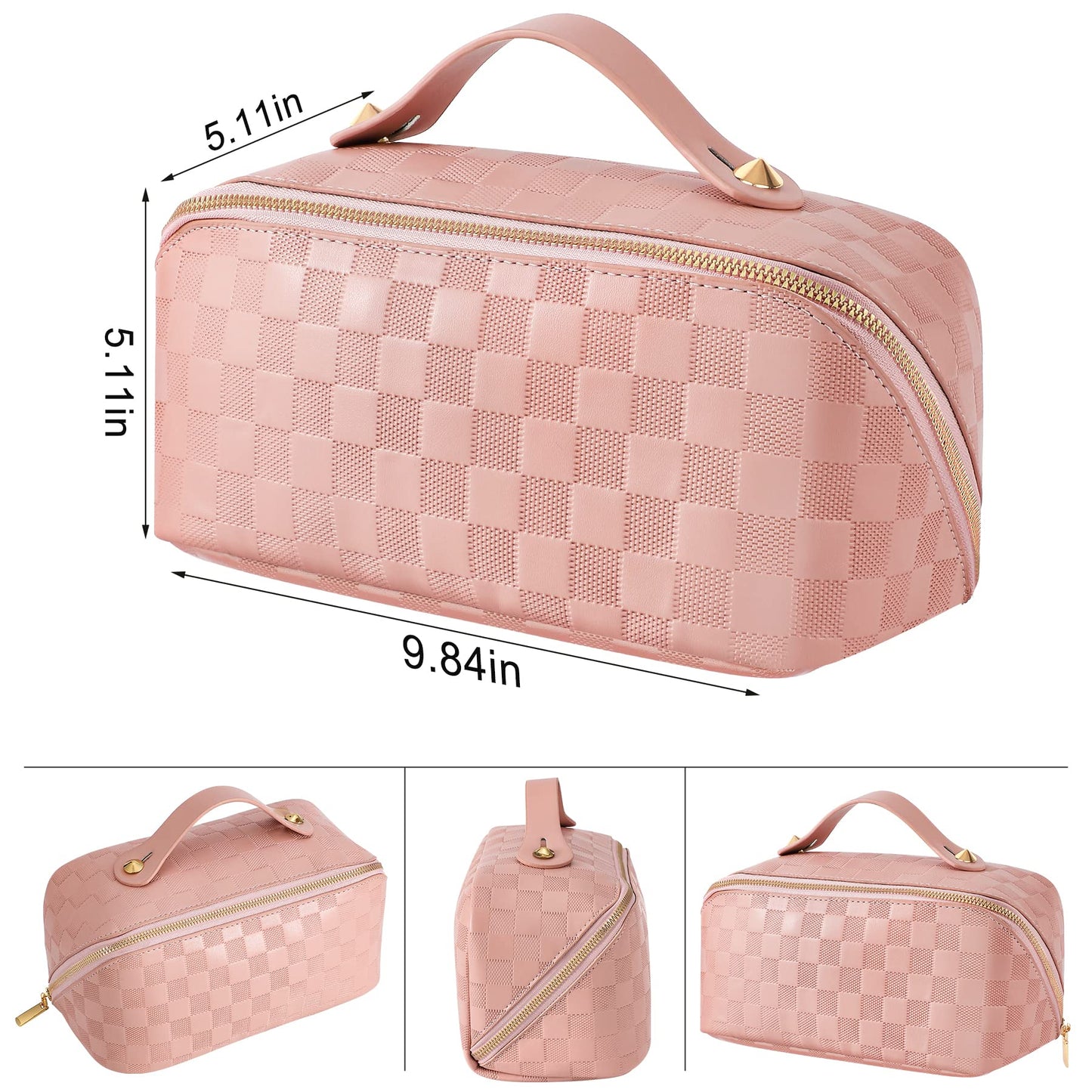 ALEXTINA Travel Makeup Bag, Vegan Leather Large Capacity Cosmetic Bags for Women,Waterproof Portable Pouch Open Flat Toiletry Bag Makeup Bag Organizer with Fixed Divider, Pink