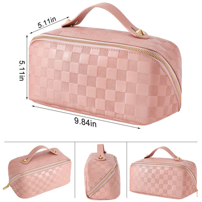 ALEXTINA Travel Makeup Bag, Vegan Leather Large Capacity Cosmetic Bags for Women,Waterproof Portable Pouch Open Flat Toiletry Bag Makeup Bag Organizer with Fixed Divider, Pink