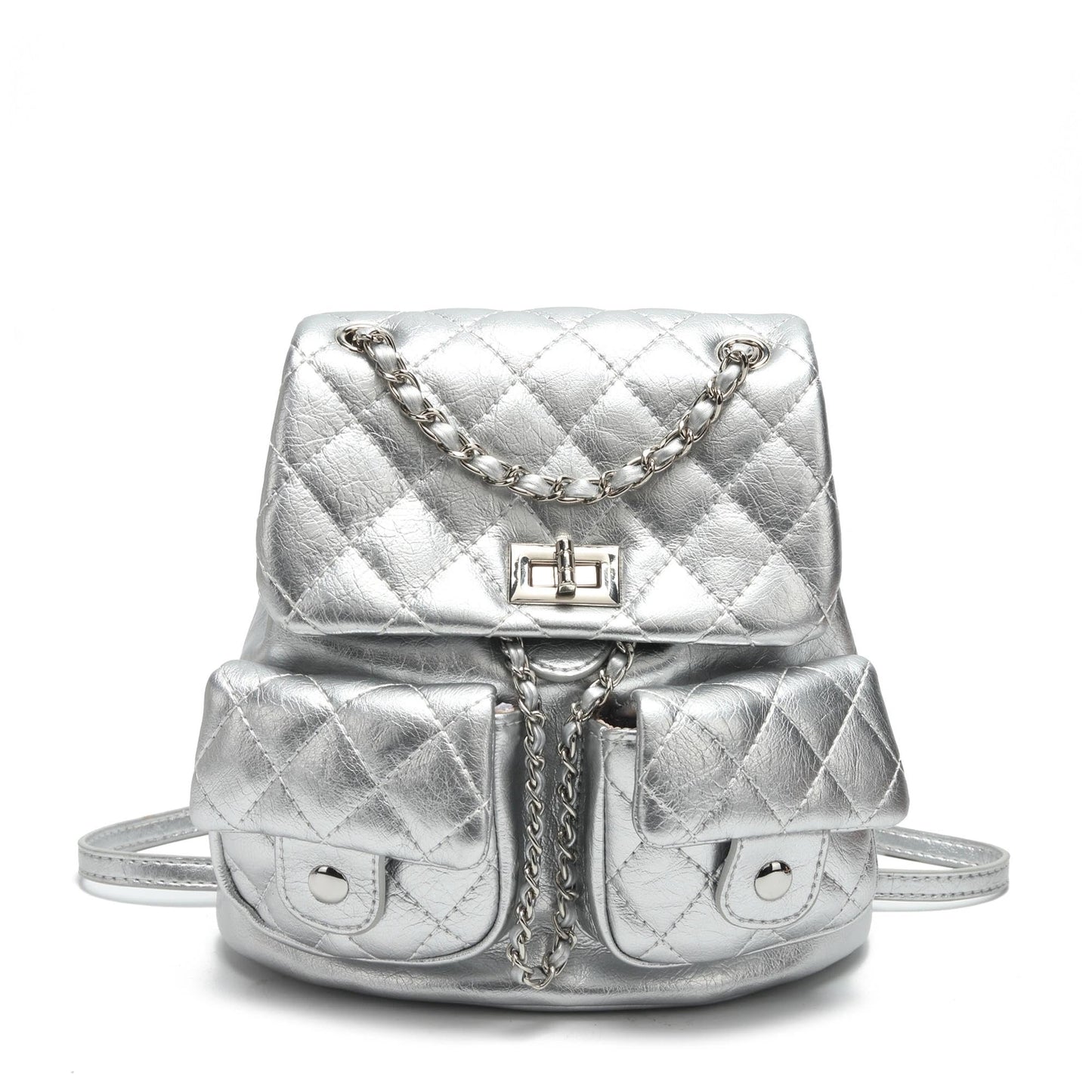 COC.EFRENAR Quilted Mini Backpack for Women, Chain Strap Small Purse with Flap Closure, Fashion Shoulder Bag Cute Travel Daypack(Silver)
