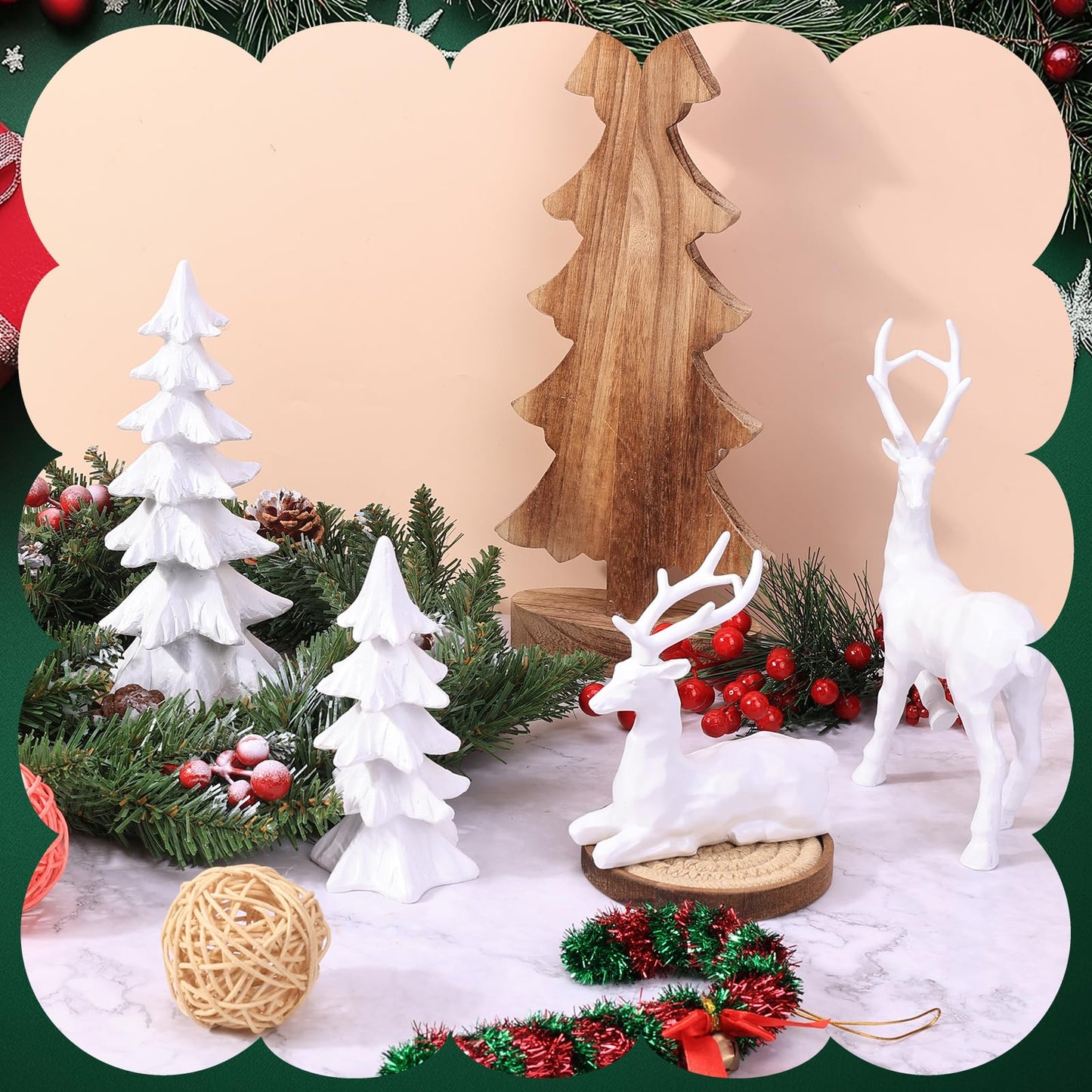 2 Pcs Christmas Tree Figurines and 2 Pcs Christmas Reindeer Figurines, White Tabletop Christmas Decorations Resin Christmas Tree and Elk Statues for Table Centerpieces Desk Shelf Fireplace Decor