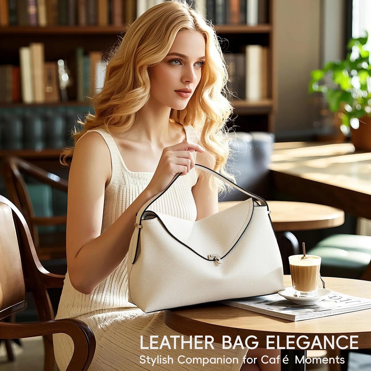 NGGU White Leather Crossbody Bag for Women, Multiple Compartments for Everyday & Travel