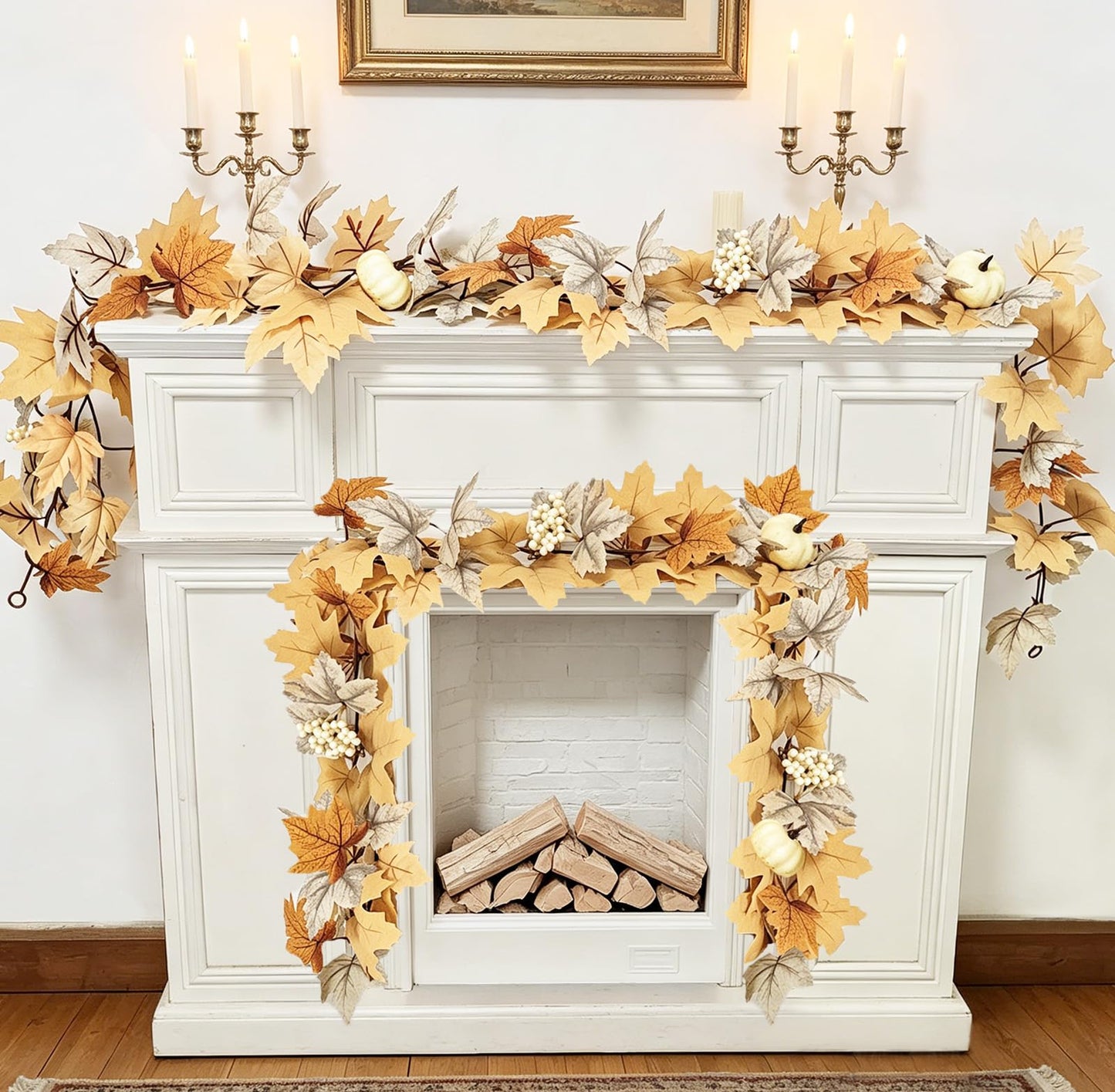 2 Pack Fall Garland Maple Leaf with Lights Fall Decor, 6Ft/Piece Fake Leaves Pumpkin Berry Vine Autumn Foliage Garland for Mantle Fireplace Halloween Thanksgiving Decorations Christmas Home Decor