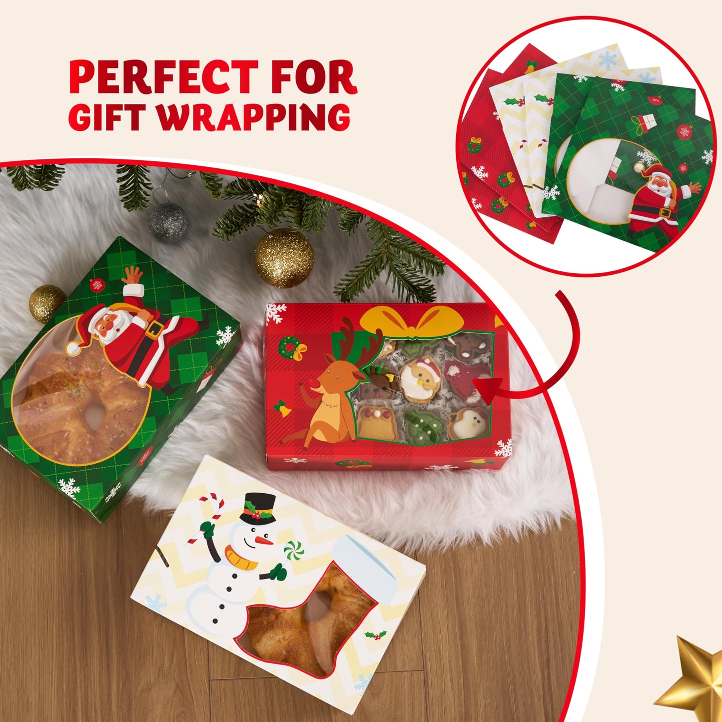 JOYIN 24PCS Christmas Cookie Boxes for Gift Giving, 8.75" x 5.75" x 2.75" Xmas Holiday Bakery Treat Boxes with Window, Kraft Cookie Tin Containers Box for Baked Goods, Cupcake, Pastry, Candy, Doughnut