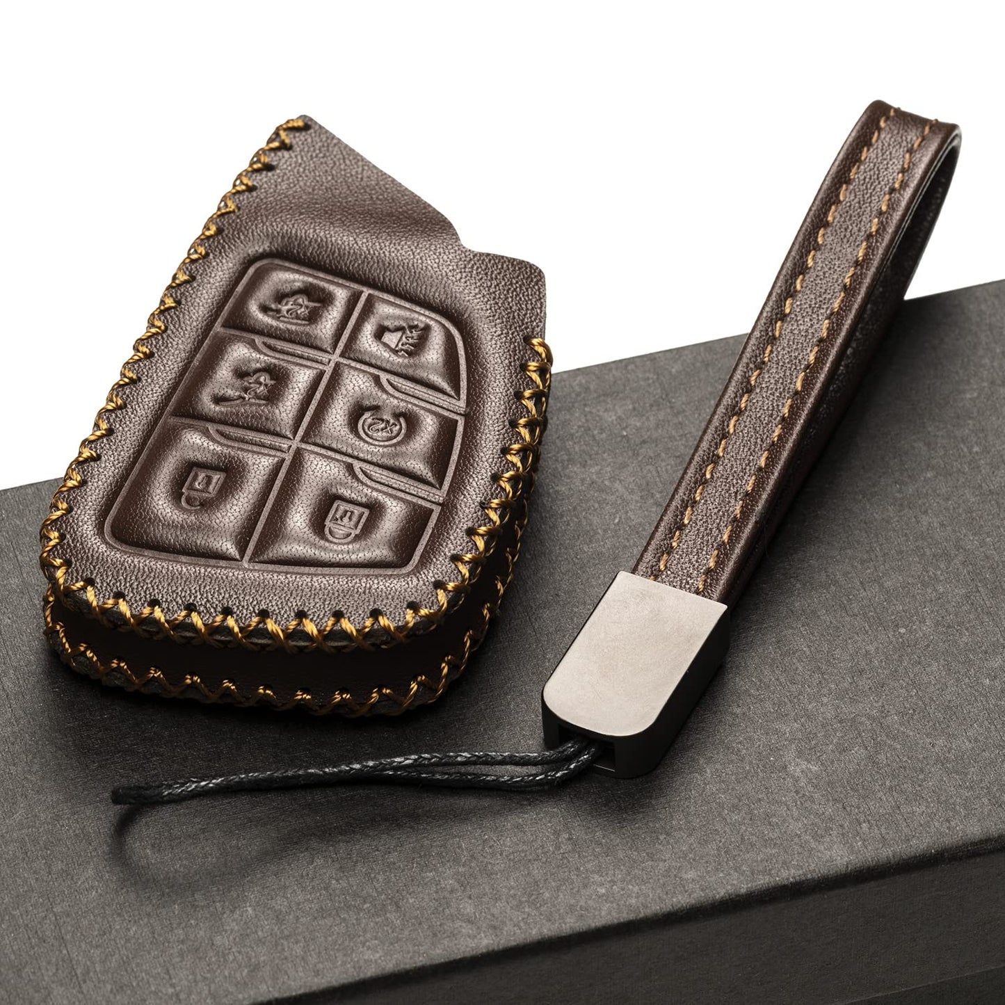 Vitodeco Leather Smart Key Fob Case Cover Protector Compatible with Chevrolet Silverado, Colorado, Suburban, Tahoe, Blazer, Equinox, Traverse - 6-Button, Brown