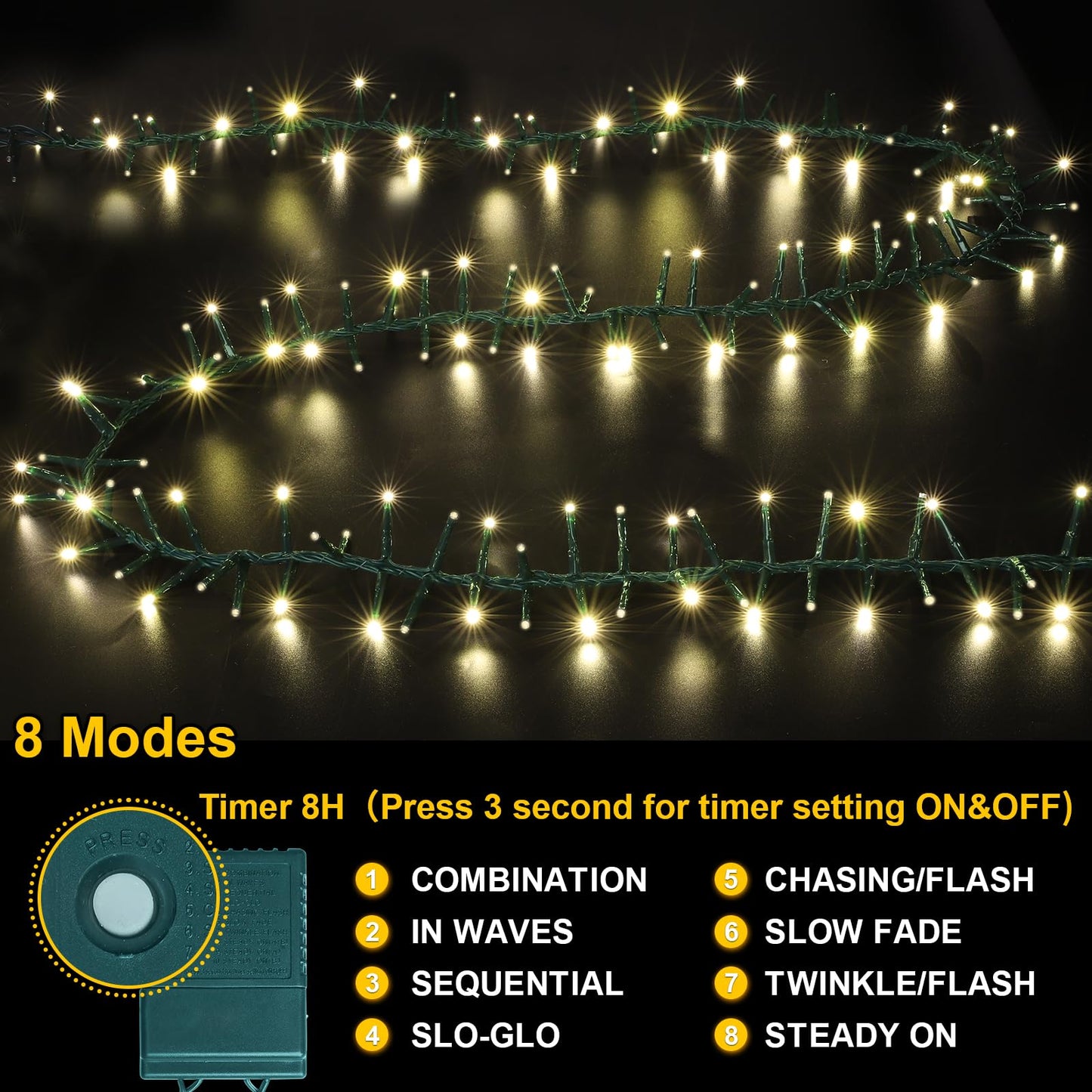 LAMPHOME 500 LED String Lights - Outdoor, 46ft, 500LED, Warm White, Plug-in Twinkle Fairy Lights with 11 Modes, Bedroom, Christmas