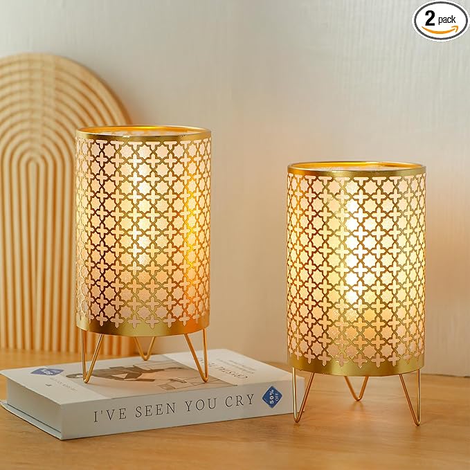 TRIROCKS Set of 2 Battery Operated Lamp 9'' High Cordless Table Lamp Battery Powered Lanterns with 6H Timer for Home Living Room Weddings Parties Patio Events Outdoors Indoors Shelf(Gold)