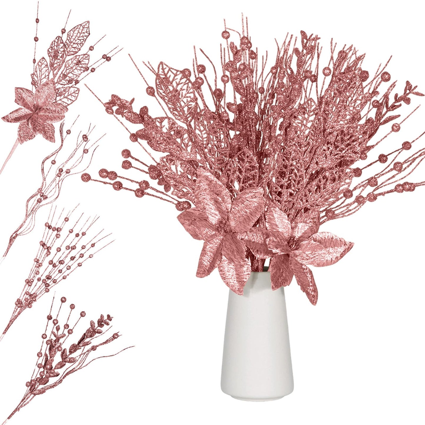 Syhood 30 Pack Holiday Vase Picks and Sprays Glitter Artificial Poinsettia Flower Berry Stems Ornaments Tree Picks Branches Curly Wispy Twigs Sticks for DIY Craft Wreath Decor(Rose Gold)