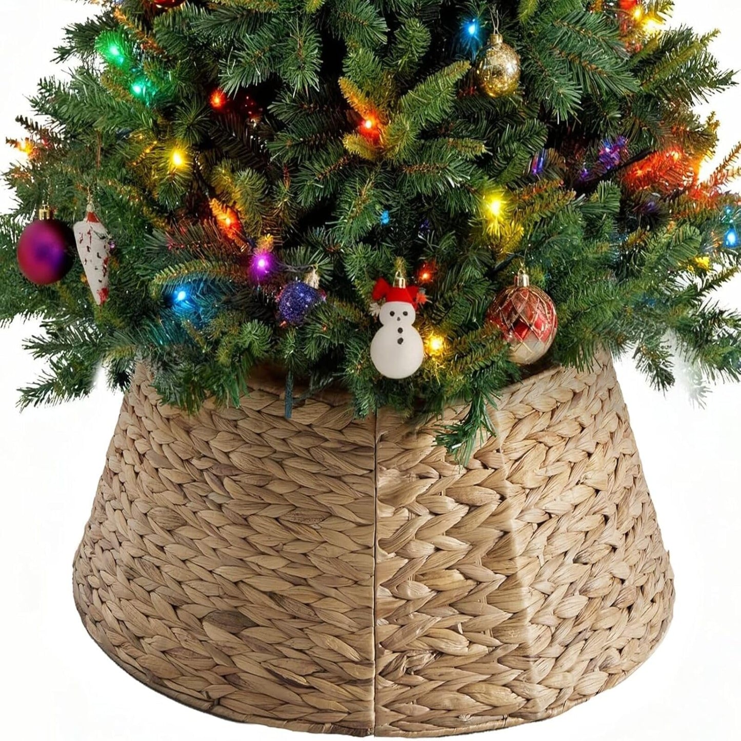 Sweetcrispy 24inch Christmas Tree Collar for 4-7ft Trees, Woven Hyacinth Rattan 4-Panel Collar w/Cord Access Hole & Easy Lock Design,Handwoven Natural