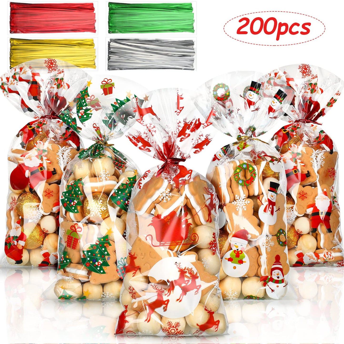 Outus 200 Pieces Christmas Cellophane Treat Bags, Plastic Christmas Cello Bags with Twist Ties for Candy, Cookie, Goodies, Gift Wrap, Xmas Party Favor Supplies (Snowman)