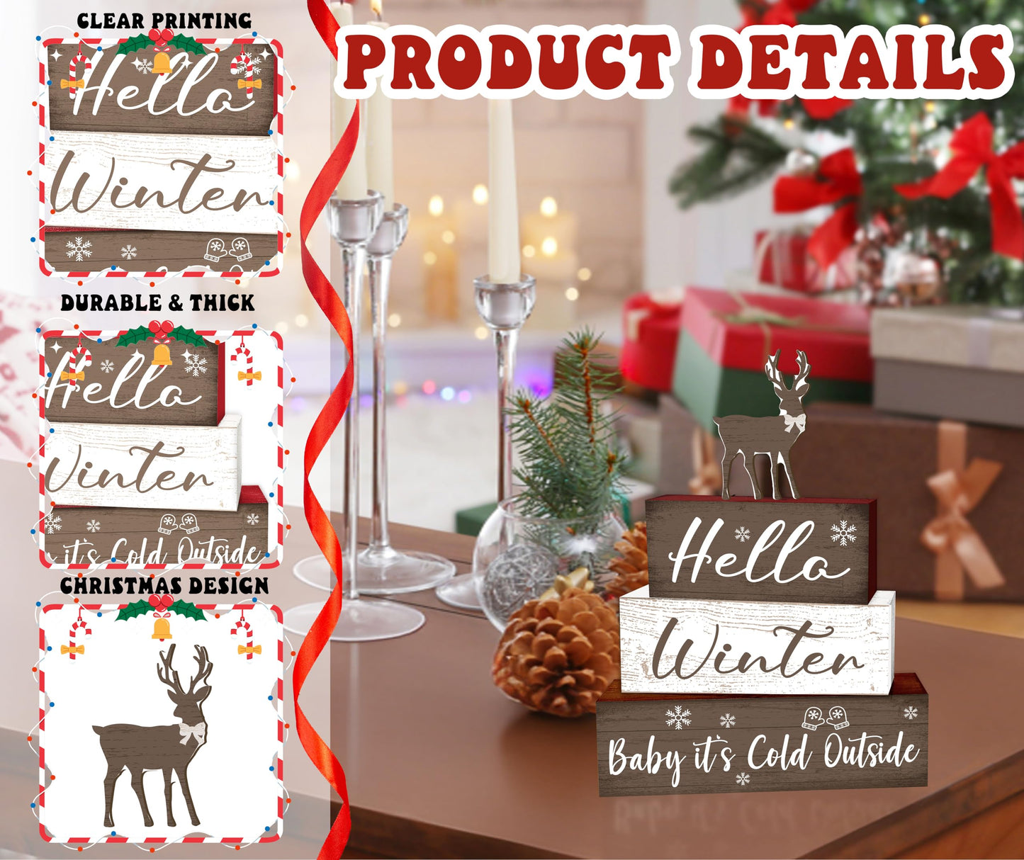 4 Pcs Bow Reindeer Christmas Decor, Snowflakes Table Decorations, Christmas Tiered Tray Desk Decor Gifts, Hello Winter Wooden Xmas Stack Block Signs Table Centerpiece for Farmhouse Office -B11