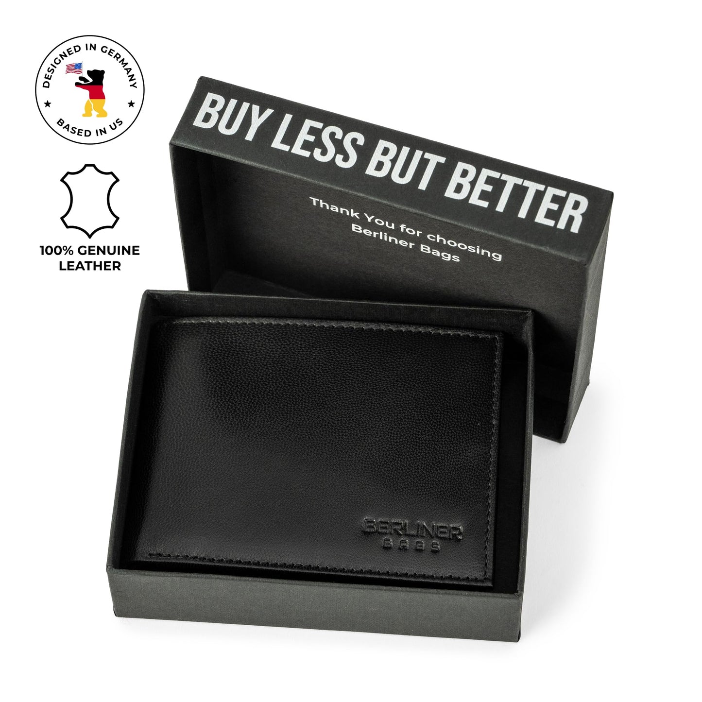 BERLINER BAGS Premium Genuine Leather Wallet for Men Peter, with ID Window, RFID Blocking, Bifold, Front Pocket Slim Wallet, 8 Card Holder, Bills Compartment, 2 ID Windows, Gift Box- Black