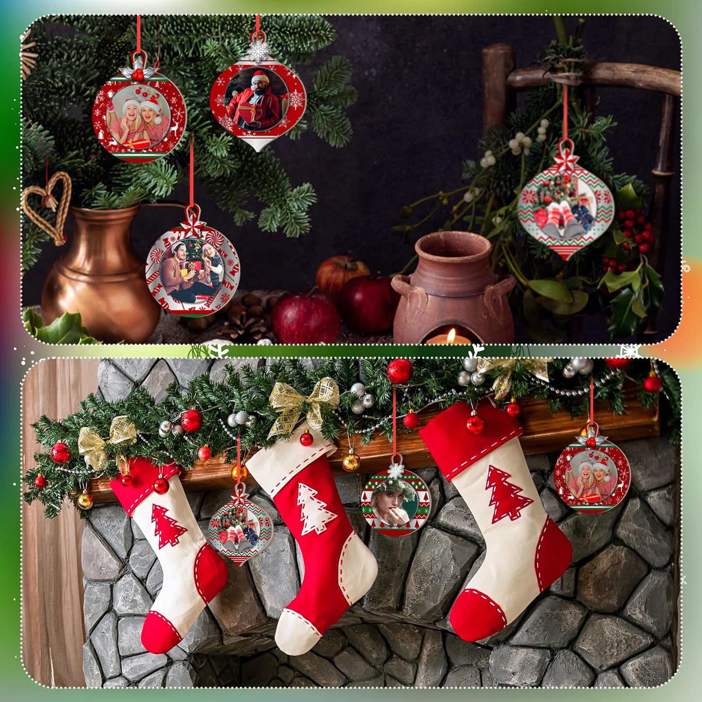 Yalikop 16 Pcs Christmas Photo Frame Ornaments Wooden Nutcrackers Santa Snowman Snowflake Picture Frame Tree Decoration DIY Photo Keepsakes for Xmas Party Decorations Winter (Light Ball)