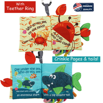 Fish Baby Book 0-6 Months,Touch Feel Cloth Crinkle Books for Babies,Infant Baby Toys 6-12 Months,Learning Education Soft Sensory Mirror Toy,Teether,Shower Gifts for Boys Girls-Gift Box