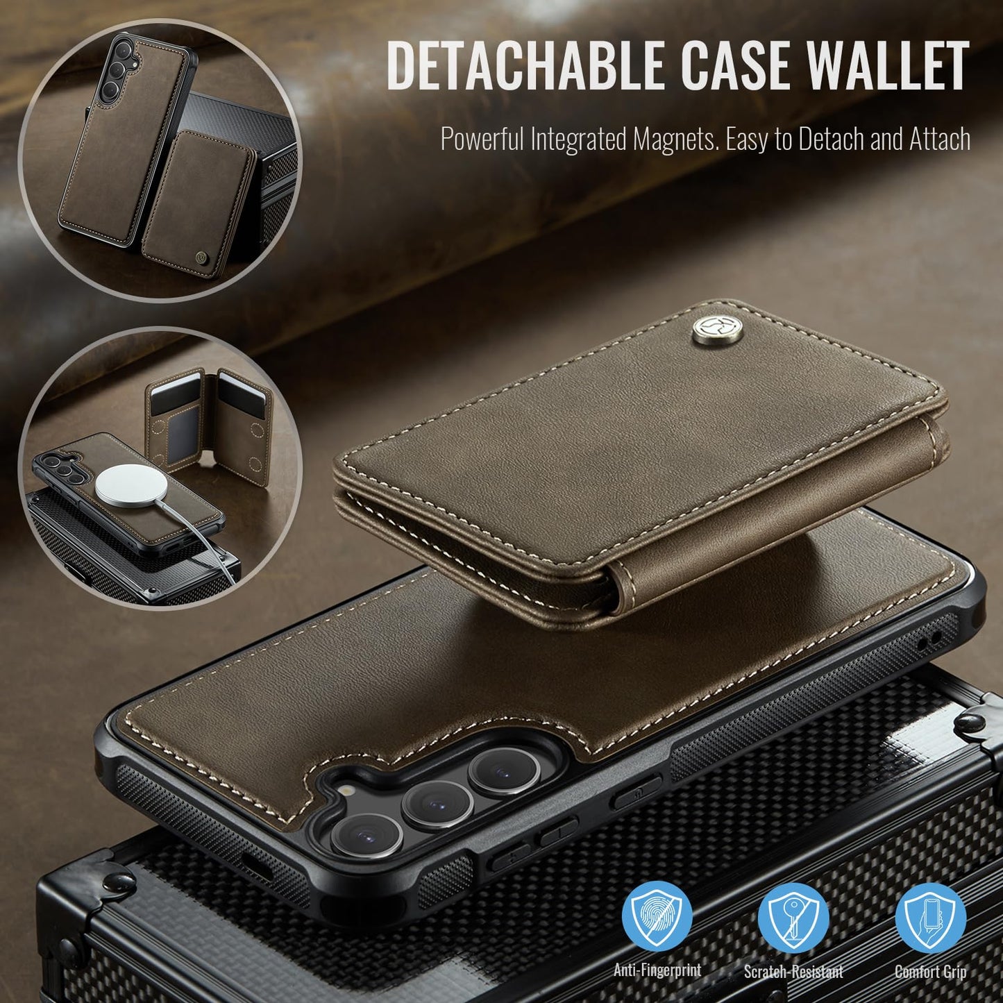 Usroom Compatible with Magsafe for Samsung Galaxy S25 Wallet Case Magnetic Card Holder, RFID Blocking 2 in 1 Detachable Kickstand Shockproof Case for Women Men, Brown