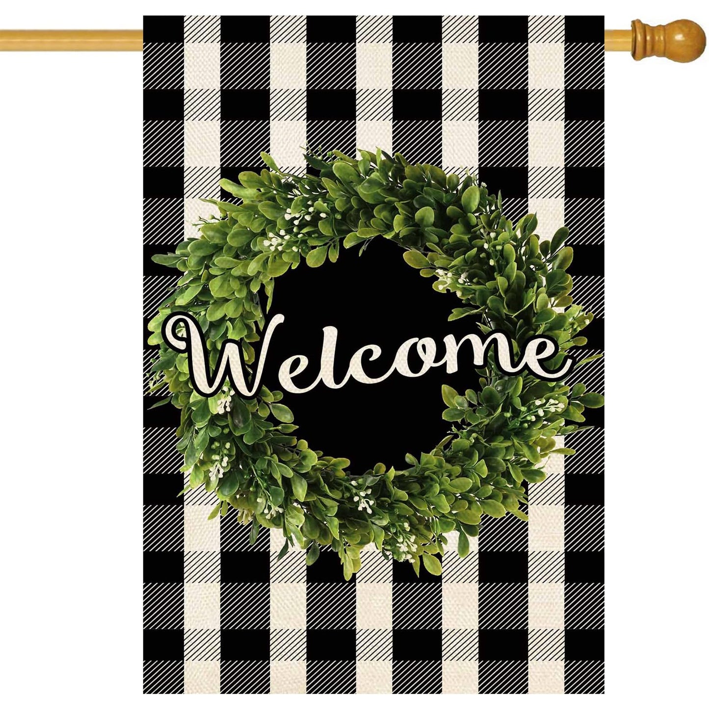 Baccessor Boxwood Wreath Welcome House Flag Vertical Double Sided, Buffalo Check Plaid Rustic Farmhouse Burlap Garden Yard House Flag Outdoor Decoration 28 x 40 Inch