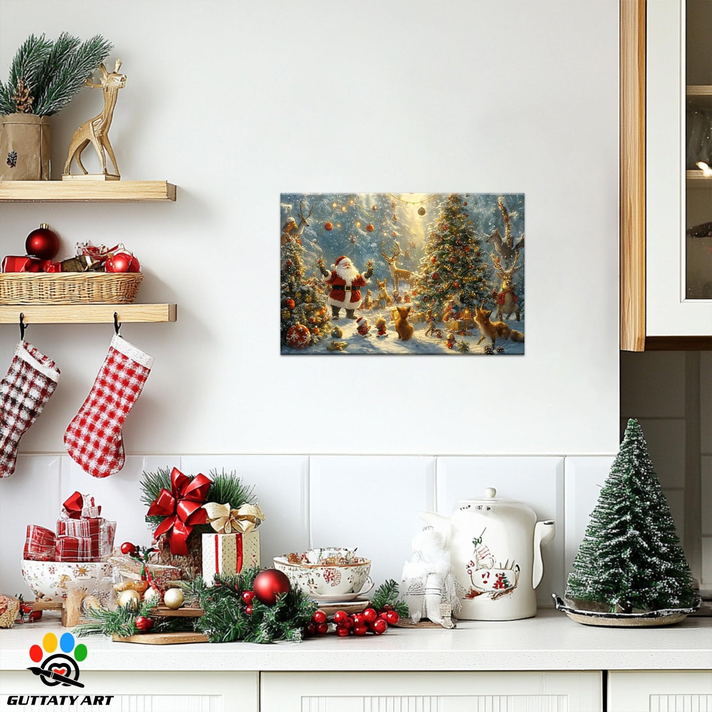 GUTTATY Christmas Canvas Wall Decor, Cute Santa Christmas Pictures Wall Art, Christmas Tree Prints Picture Framed, Deer Animal Art Prints, Winter Snowy Scene Posters for Living Room 18x24 Inch