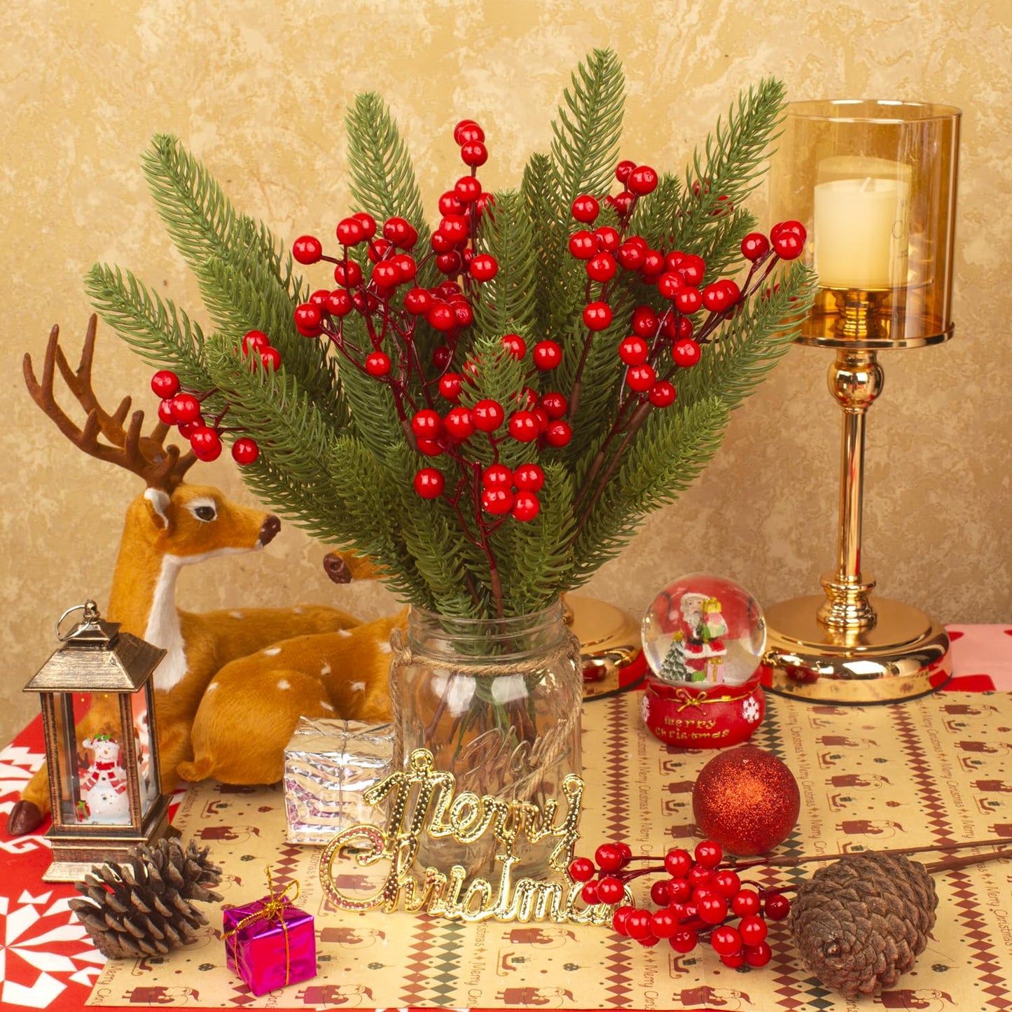 Grunyia 20 Pack Christmas Artificial Red Berry Stems Fake Holly Berry Pick for Christmas Tree Decorations DIY Crafts Xmas Ornaments Wedding Holiday Home Decor