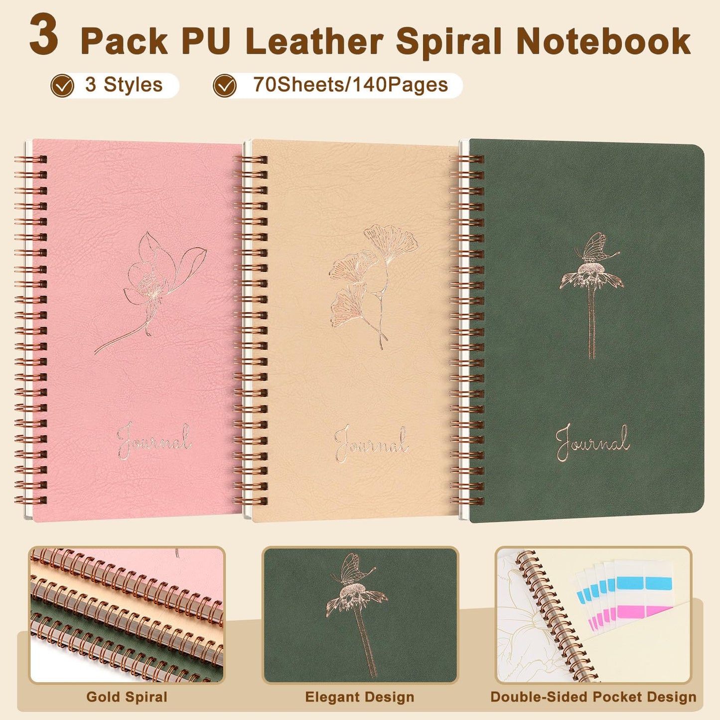 EudaBlos Stationery Set for Women, Journaling Kit, 3PCS A5 Spiral Notebooks, Gel Pens, Steel Bookmark, Sticky Notes & Tabs, Gift Box - Aesthetic Gift Set for Work Students School Office Supplies