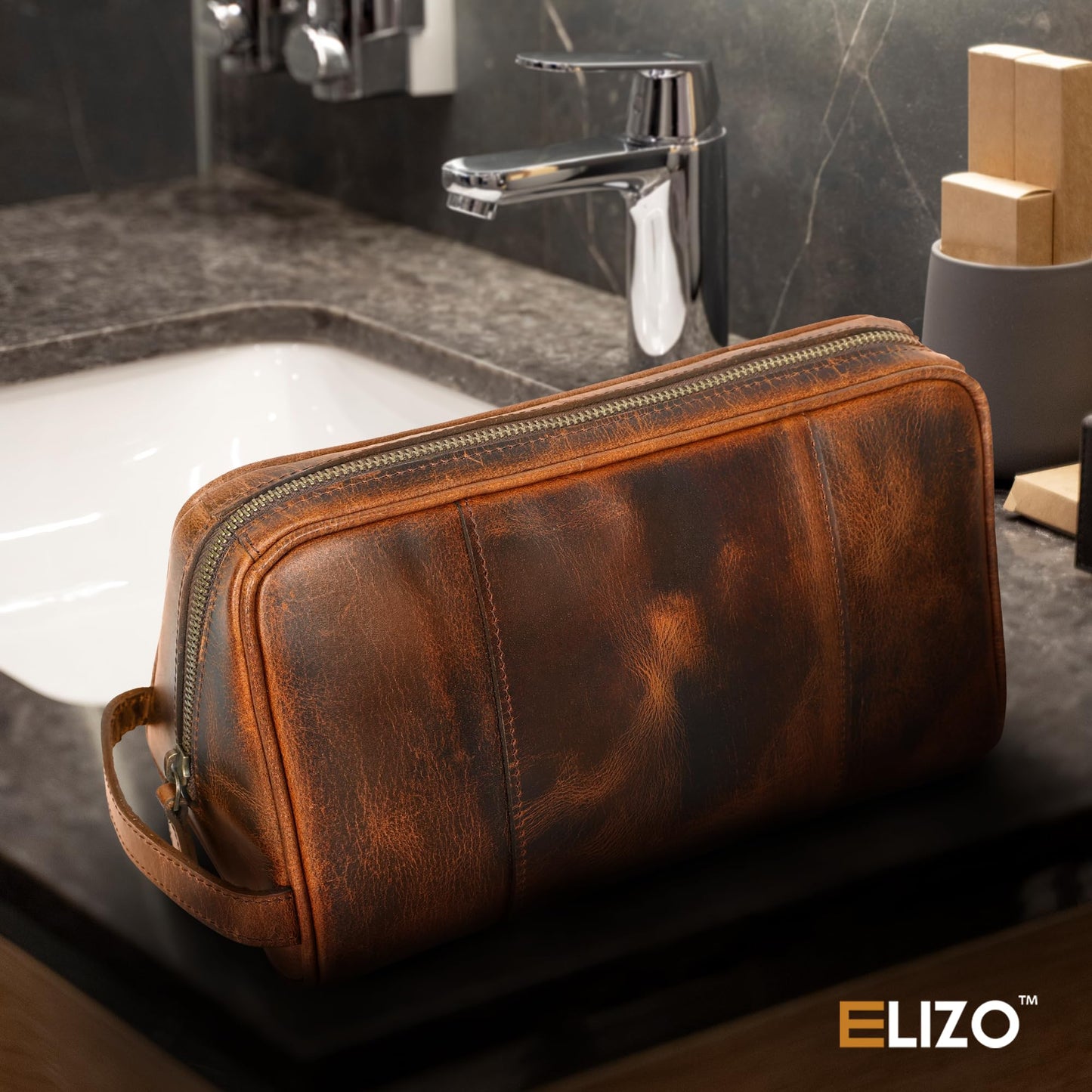 ELIZO Premium REAL Leather Toiletry Bag for Men Dopp Kitt Hanging Mens Toiletry Large TSA Toiletries Bag Shaving Grooming Bag Organizer